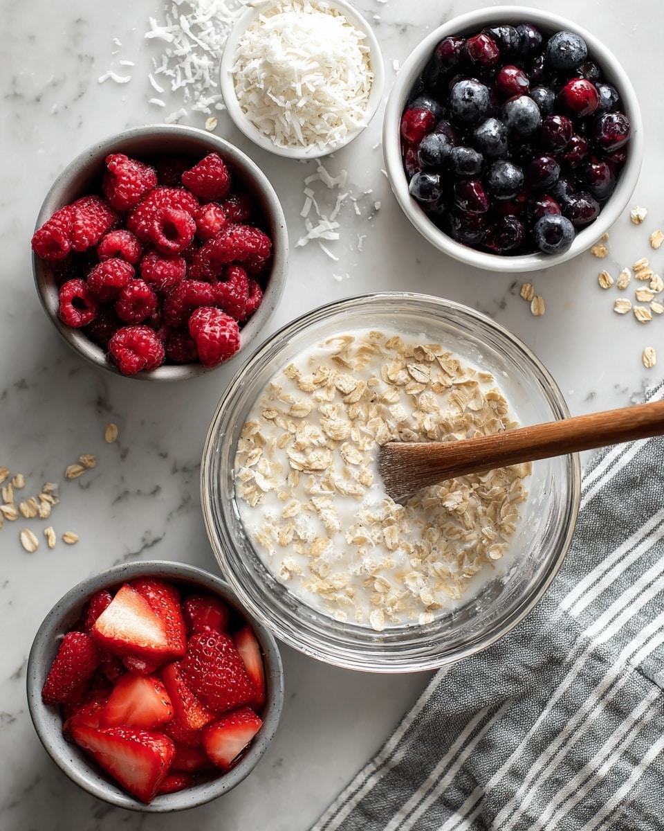 A clear glass bowl in the center holds a mixture of oats and milk, with the oats floating on top and soaking in the liquid, a wooden spoon resting inside the bowl. Above it, a white bowl is filled with red raspberries on one side and dark blue blueberries on the other, both fresh and round. To the left, a small white bowl contains finely shredded white coconut. Below, a grey bowl contains bright red sliced strawberries with a juicy texture. The whole scene is set on a white marbled surface with scattered oats around and a grey and white striped cloth partially visible on the right side. photo taken with an iphone --ar 4:5 --v 7