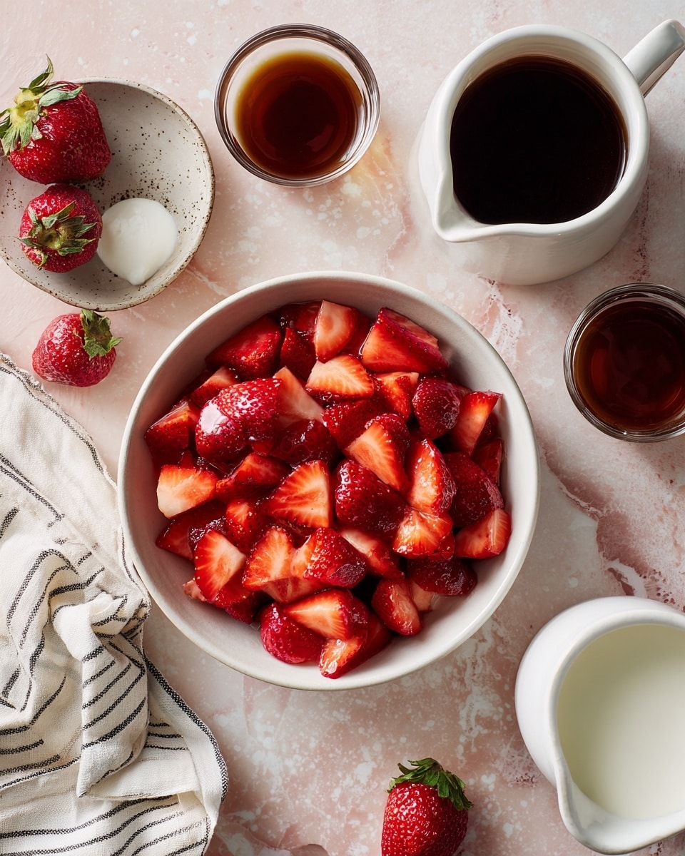 The image shows a white bowl filled with bright red, sliced strawberries placed in the center on a white marbled surface with a light pink tone. Around the bowl, there are whole strawberries scattered, a white ceramic cup filled with dark brown liquid at the top right, two small glasses with dark brown liquid at the bottom left, a small white bowl with a small amount of clear liquid near the top, and a glass pitcher of white milk at the bottom right. A folded cloth with thin black stripes rests in the top left corner. The colors of the strawberries stand out vividly against the soft pastel background. Photo taken with an iphone --ar 4:5 --v 7