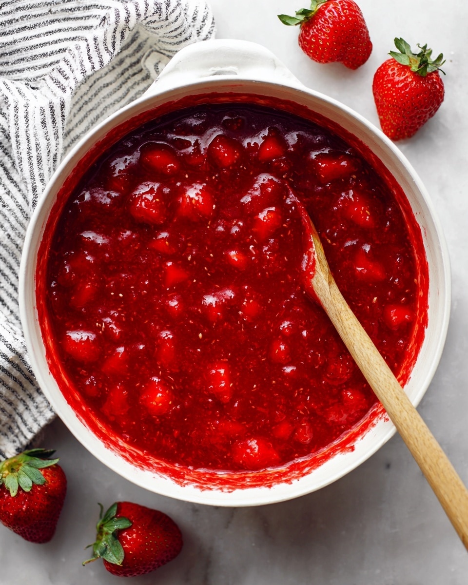The image shows a white saucepan filled with bright red chunky strawberry sauce, with visible pieces of soft cooked strawberries. A wooden spoon rests inside the saucepan on the right side, partly covered with the sauce. Around the saucepan on the white marbled textured surface, there are four whole fresh red strawberries with green tops scattered. A white and black striped cloth is placed near the top left corner. The sauce looks glossy and thick in texture. photo taken with an iphone --ar 4:5 --v 7