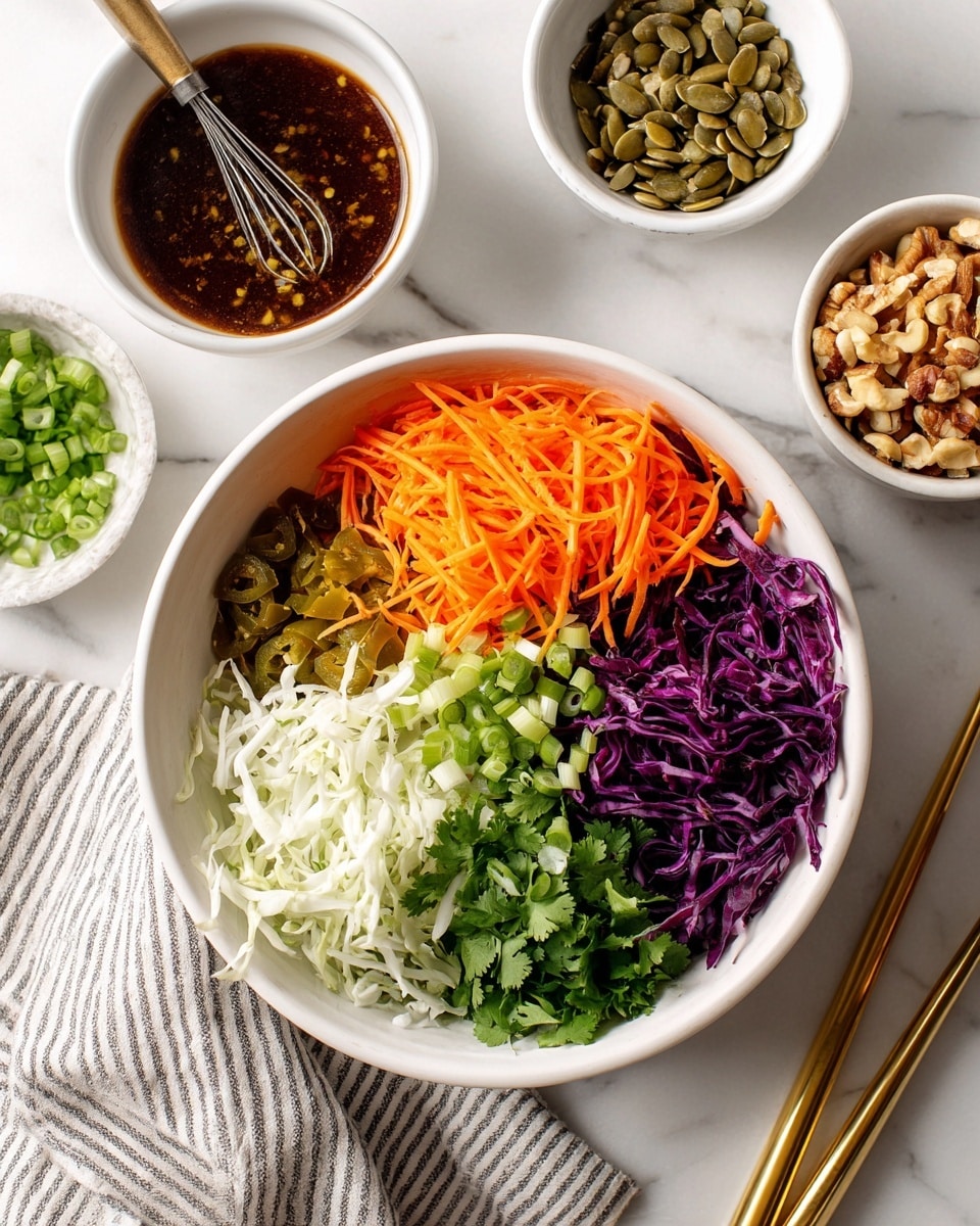 A white bowl on a white marbled surface contains six visible layers arranged separately: bright orange shredded carrots at the top, deep purple shredded cabbage on the right, finely chopped green onions on the left, thin white shredded cabbage at the bottom left, finely chopped light green jalapeños in the center, and chopped dark green cilantro at the bottom right. Surrounding the bowl are small white bowls with a dark brown dressing that has a small whisk inside, a bowl of pumpkin seeds, and a bowl of mixed chopped nuts. A white and gray striped cloth is placed under the bowl on the lower left side, and gold chopsticks rest on the upper right corner. photo taken with an iphone --ar 4:5 --v 7