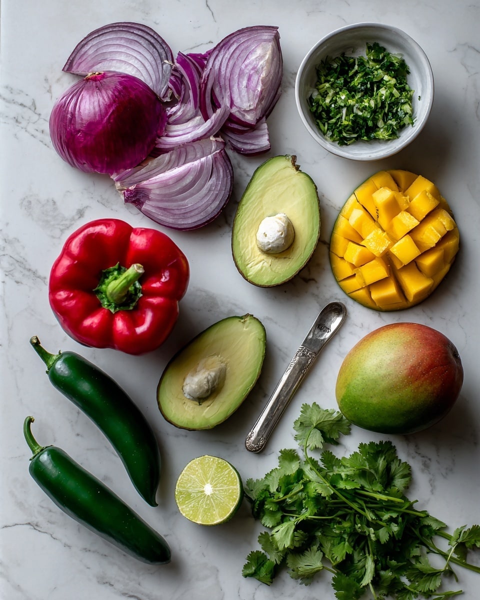 The image shows fresh ingredients arranged on a white marbled surface. There is a large red bell pepper on the bottom left, next to two whole dark green jalapeño peppers. Above is a small bowl filled with chopped green herbs. To the top left, there is a halved red onion with visible purple and white layers. Two avocado halves sit near the center, one with the large brown seed and the other without. A ripe mango is cut into cubes with a silver spoon resting on it, revealing bright yellow flesh. A whole green lime and a whole mango with greenish-yellow skin are at the bottom right. Fresh cilantro sprigs are spread out on the right side. Photo taken with an iphone --ar 4:5 --v 7