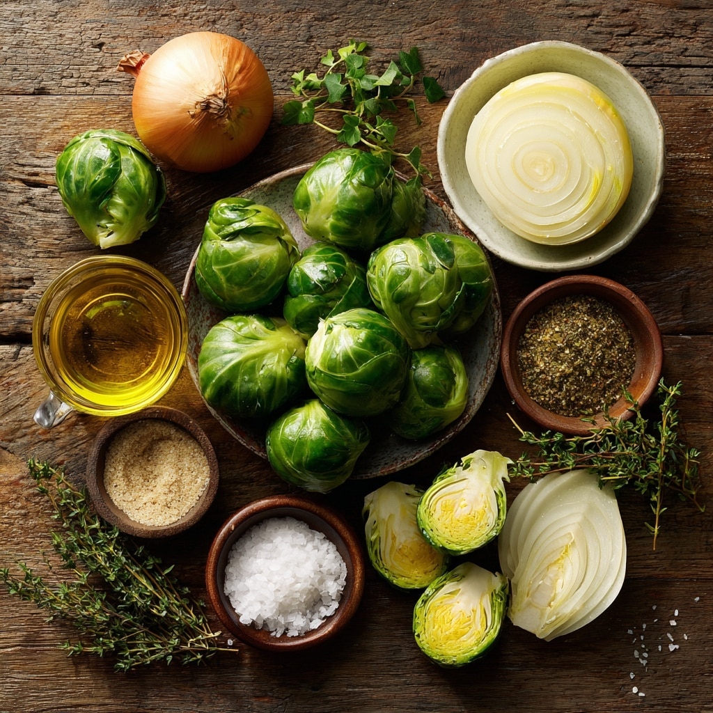 A clear glass bowl filled with two layers: the bottom layer is light green Brussels sprout halves showing their smooth, rounded cut sides, and the top layer is thin, white onion slices scattered unevenly on top. Small black pepper flakes are visible on the vegetables. The bowl is placed on a white marbled surface with a small green Brussels sprout leaf nearby. Photo taken with an iphone --ar 4:5 --v 7