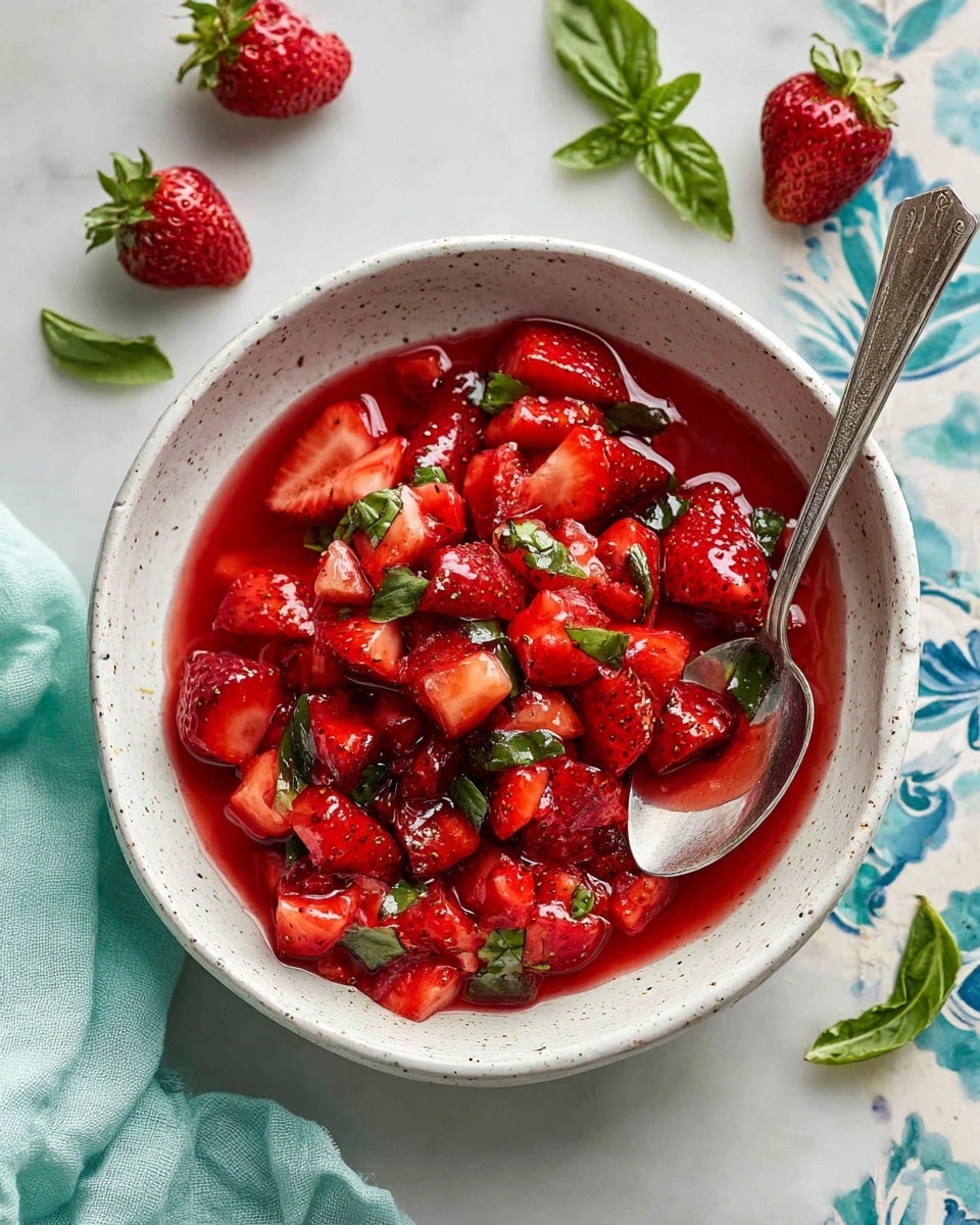 A white speckled bowl filled with bright red chopped strawberries tossed with small pieces of green basil leaves, sitting in a glossy red syrup. A silver spoon rests inside the bowl on the right side. Around the bowl on a white marbled surface with blue and white patterned tiles, whole strawberries and fresh basil leaves are scattered. A light blue cloth is partially visible on the left edge. Photo taken with an iphone --ar 4:5 --v 7