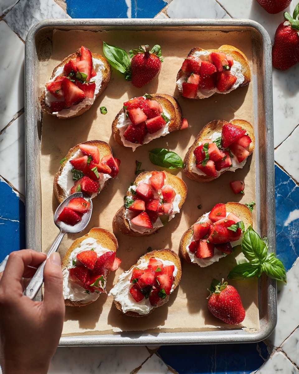 The image shows ten small toasted bread slices on a sheet of parchment paper over a metal tray, placed on a white marbled surface with blue tile patterns. Each bread slice is topped with a thick layer of white creamy spread, and five of them have a second layer of bright red diced strawberries on top. A woman's hand is holding a spoon with diced strawberries and is about to place them on one of the bread slices. Around the tray, fresh whole strawberries and green basil leaves are placed to add color. The lighting is bright and natural, highlighting the fresh colors and textures. photo taken with an iphone --ar 4:5 --v 7