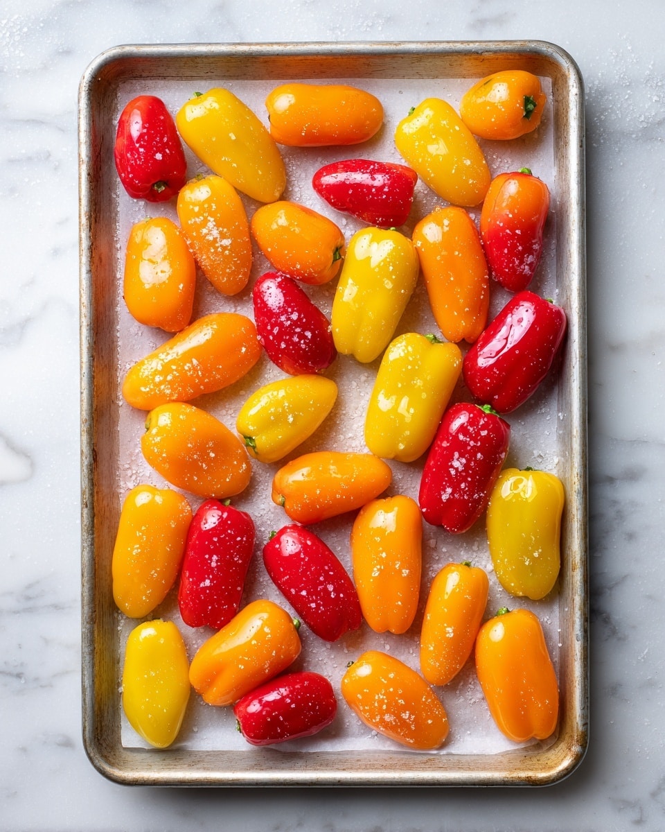A metal baking tray holds a single layer of small colorful bell peppers with three color variants: yellow, orange, and red, all arranged randomly but evenly across the tray lined with white parchment paper. The peppers have smooth, shiny skins with droplets of water and small salt crystals glistening on their surfaces. The tray is placed on a white marbled texture surface, giving a clean and fresh look to the setting. photo taken with an iphone --ar 4:5 --v 7