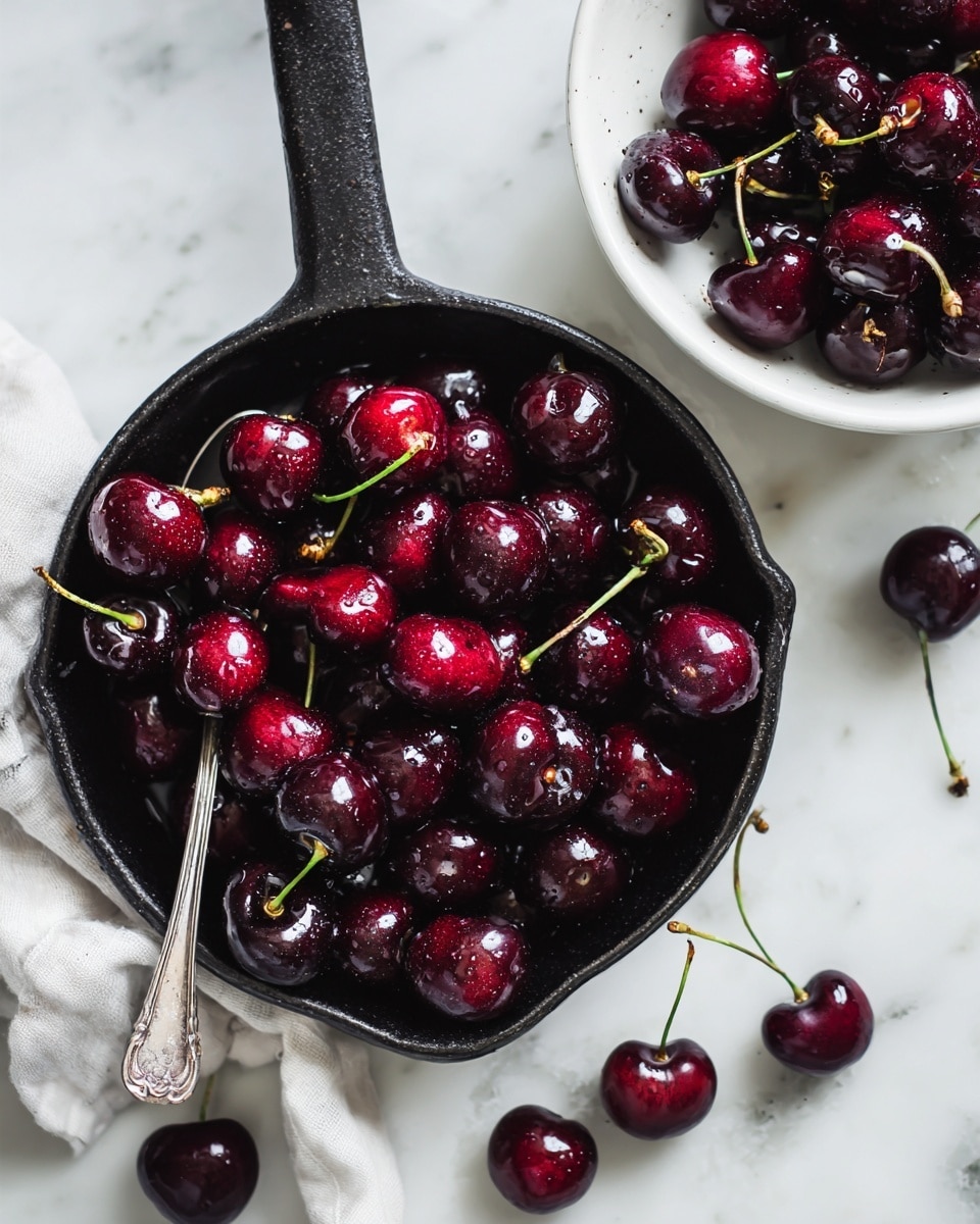 A black cast iron pan filled with shiny dark red cherries, some with small holes where pits are removed, sits on a white marbled surface. A silver spoon rests inside the pan, slightly buried among the cherries. Around the pan, several loose cherries with stems are scattered on the white marbled texture. In the top right corner, a white bowl holds more dark red cherries, adding extra depth to the image. The colors focus on deep reds and black with white as the background, giving a fresh and natural look photo taken with an iphone --ar 4:5 --v 7