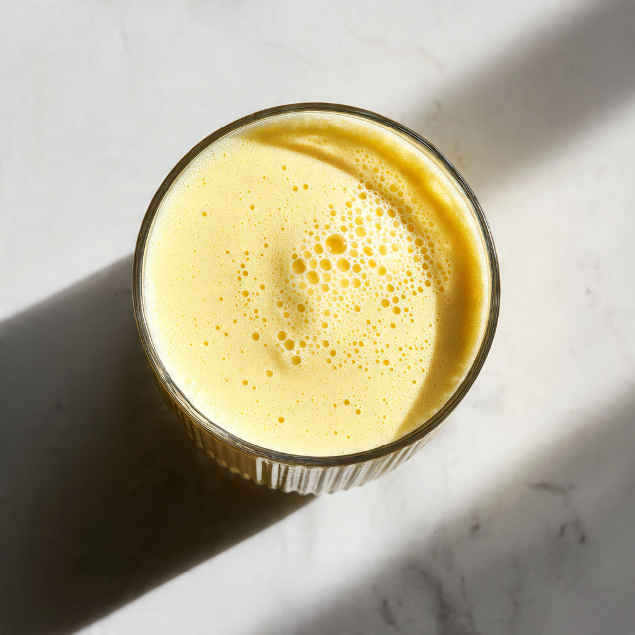 A top view of a clear, ridged glass filled with a bright yellow liquid that has many small bubbles spread evenly on the surface. The glass sits on a white marbled texture surface, showing a slight shadow beneath it. The liquid looks smooth and creamy, filling the glass almost to the top. photo taken with an iphone --ar 4:5 --v 7