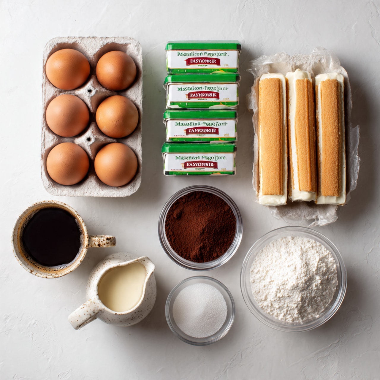 The image shows ingredients arranged on a white marbled surface, including four brown eggs in an egg carton at the top left. To the right are three packs of savoiardi lady fingers with green and white packaging stacked diagonally. At the bottom left is a speckled off-white ceramic cup filled with black coffee, next to two containers of mascarpone cheese with white lids and labels in green and red text. In the middle bottom are two clear glass bowls with decorative edges; one filled with cocoa powder and the other with white granulated sugar. Near the center is a small cream-colored ceramic pitcher with a cream liquid inside. Photo taken with an iphone --ar 4:5 --v 7