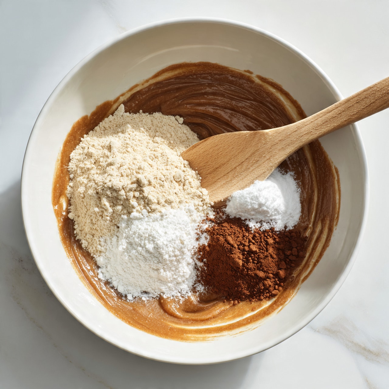A white bowl on a white marbled surface contains three main layers of baking ingredients. The bottom layer is a thick, smooth brown batter that covers most of the bowl's base and sides, with some batter smeared along the edges. On top of the batter, there are three separate piles of dry ingredients: a large pile of light beige flour taking up the left side, a smaller mound of fine white powder near the top right, and a dark brown powder in the lower right corner. A wooden spoon with a light color is partially inside the bowl, touching the brown batter and sitting just under the dry ingredients. photo taken with an iphone --ar 4:5 --v 7