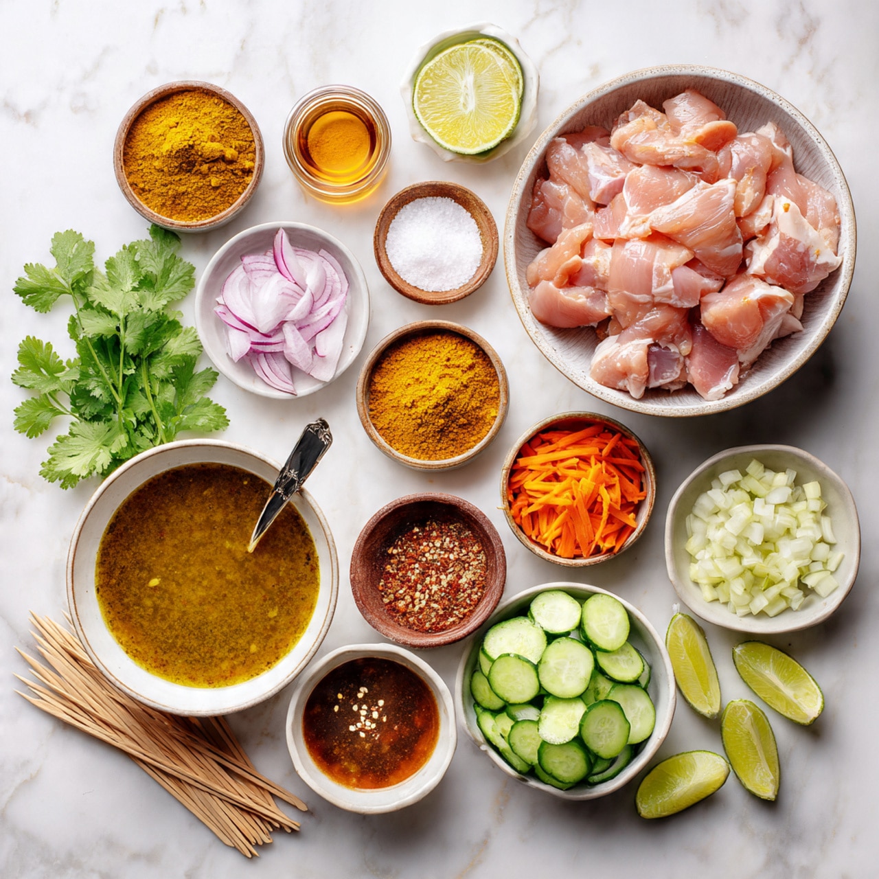 A clear glass bowl holds pieces of raw chicken coated in a thick orange marinade with visible spices and herbs. The chicken pieces are uneven in shape and size, fully covered and soaked well in the sauce. The bowl is placed on a white marbled surface that adds a clean background to the scene. The marinade looks smooth but slightly textured with specks of seasoning. Photo taken with an iphone --ar 4:5 --v 7