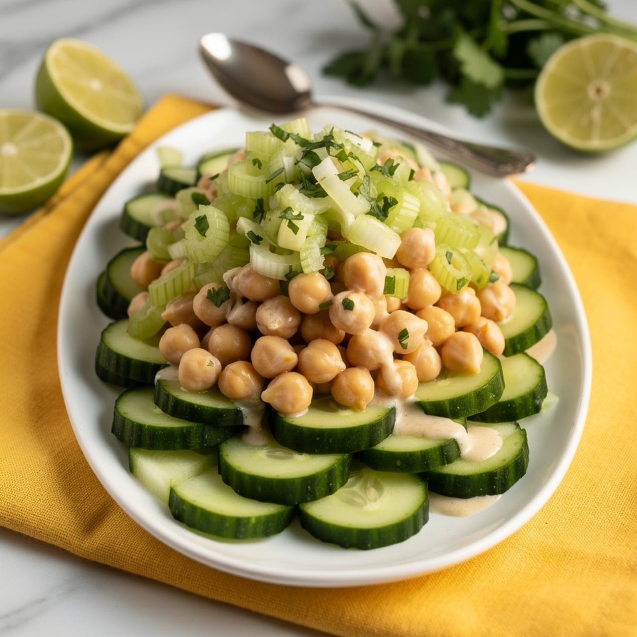 The image shows multiple glass meal prep containers on a yellow cloth background. Each container has two sections: the larger section has a mix of chopped cucumber pieces, chickpeas, and green herbs in a creamy dressing, showing a green and beige texture. The smaller section holds one white boiled egg and a white paper cupcake liner filled with roasted pistachios that are brown and green. The containers are evenly spaced and the surface underneath is visible as white marbled texture. photo taken with an iphone --ar 4:5 --v 7