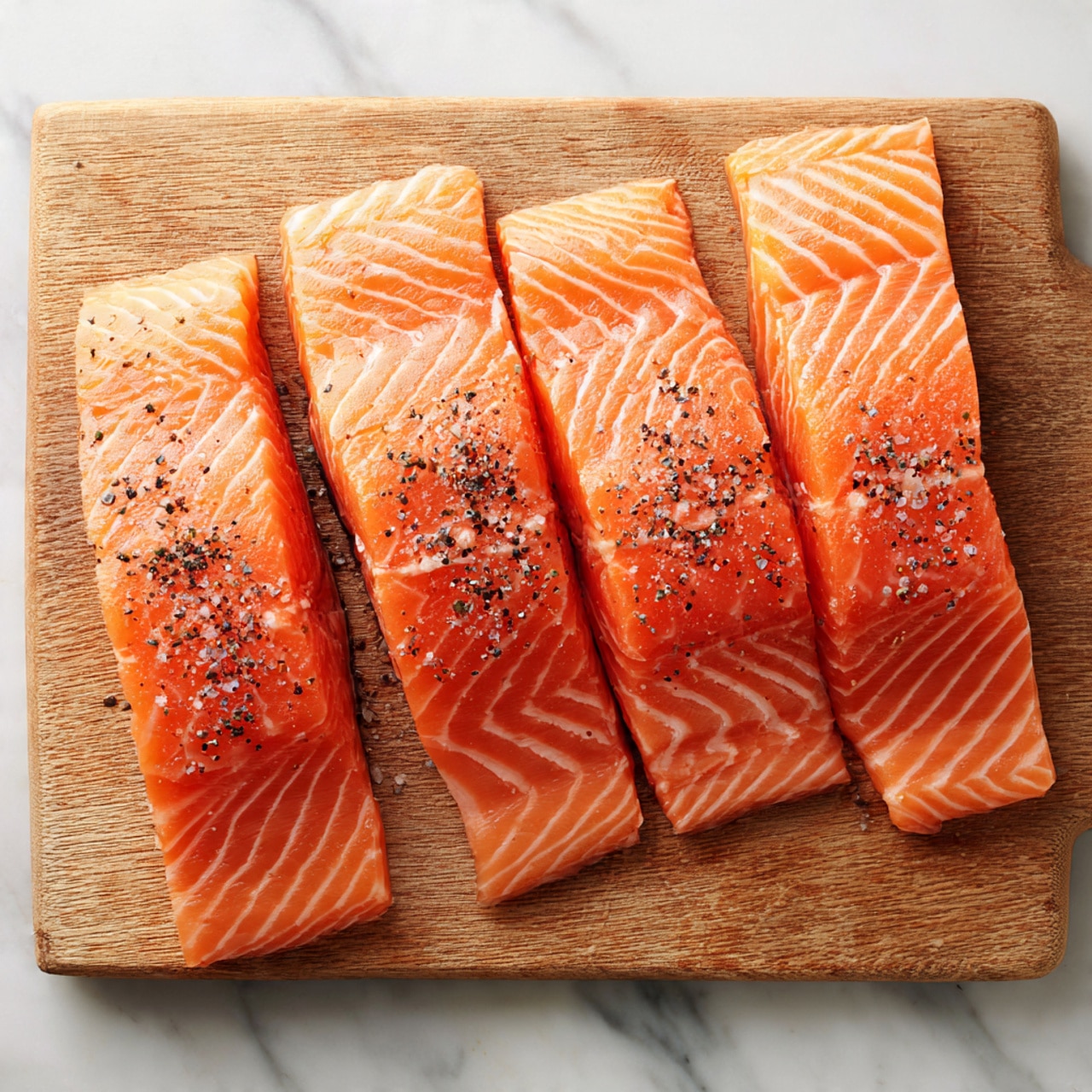 Four pieces of raw salmon fillets lay side by side on a wooden cutting board, each with bright orange flesh and white lines running through them. The surface of the salmon looks fresh and slightly shiny, with a few small specks of black pepper on top. The wooden board has a natural grain texture and sits on a white marbled surface. photo taken with an iphone --ar 4:5 --v 7