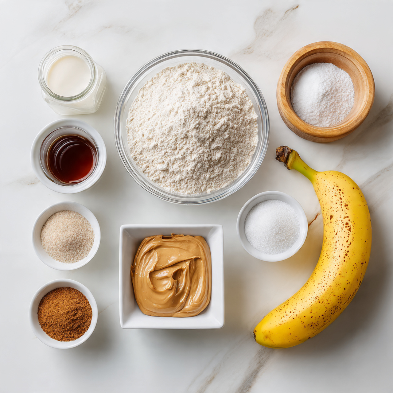 A top view of ingredients arranged on a white marbled surface: a ripe yellow banana with brown spots on the right, a small glass jar of white liquid next to it, a clear glass bowl filled with white flour in the center, a white square dish with light brown peanut butter below it, a small glass jar with dark brown syrup on the left, and four small white bowls containing white salt, brown cinnamon powder, white baking powder, and white sugar placed around them. There is also a small round wooden container with a lid holding white sugar on the top right. The setup is neat and evenly spaced, showing all ingredients clearly. Photo taken with an iphone --ar 4:5 --v 7
