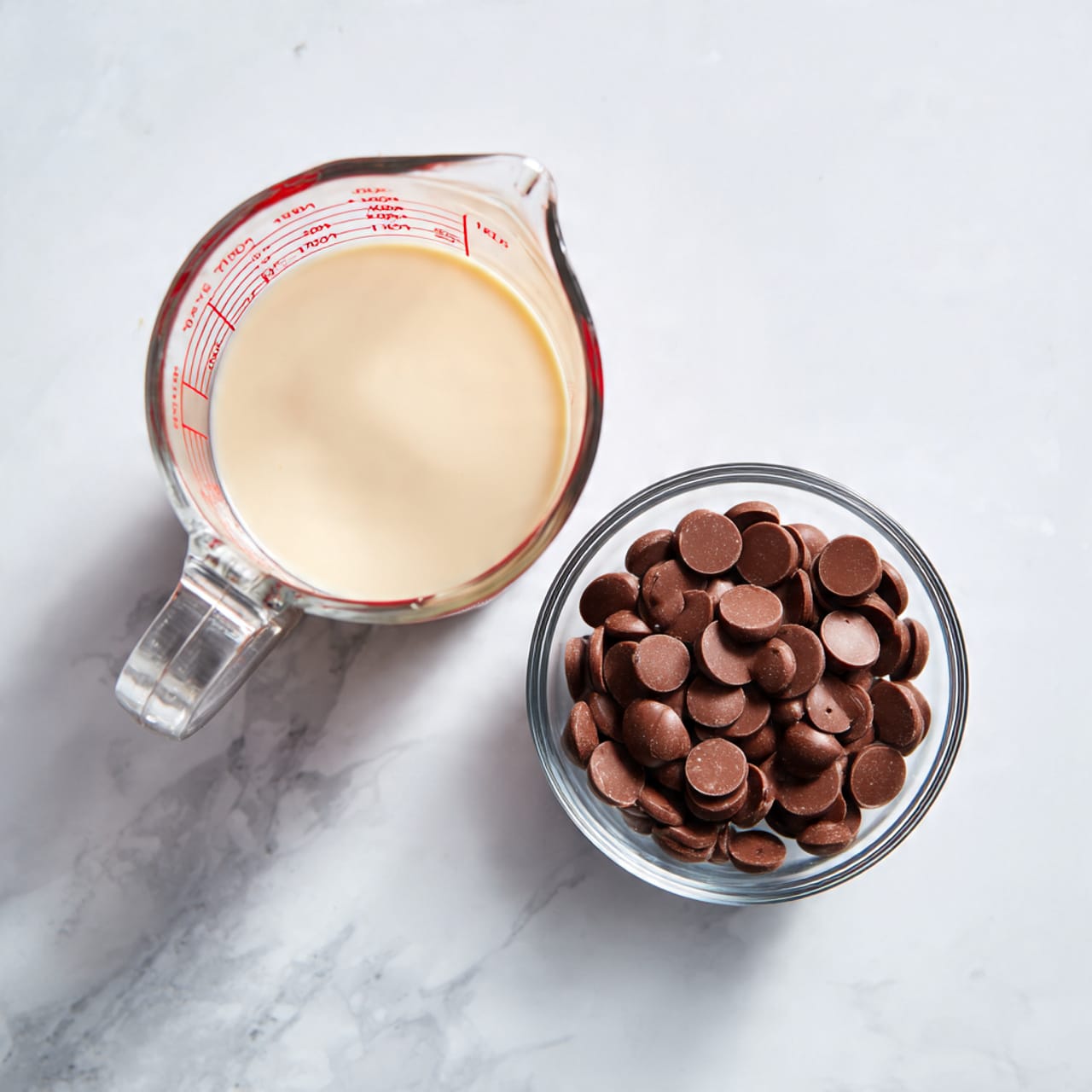 The image shows two clear glass containers on a white marbled surface. On the left is a glass measuring cup filled with a light cream-colored liquid, marked with red measurements showing just over one and a half cups. On the right is a clear bowl filled with a layer of dark brown, round chocolate pieces with a smooth texture, sitting evenly inside. The lighting highlights the shine on the glass and the smooth surfaces of the chocolate pieces photo taken with an iphone --ar 4:5 --v 7