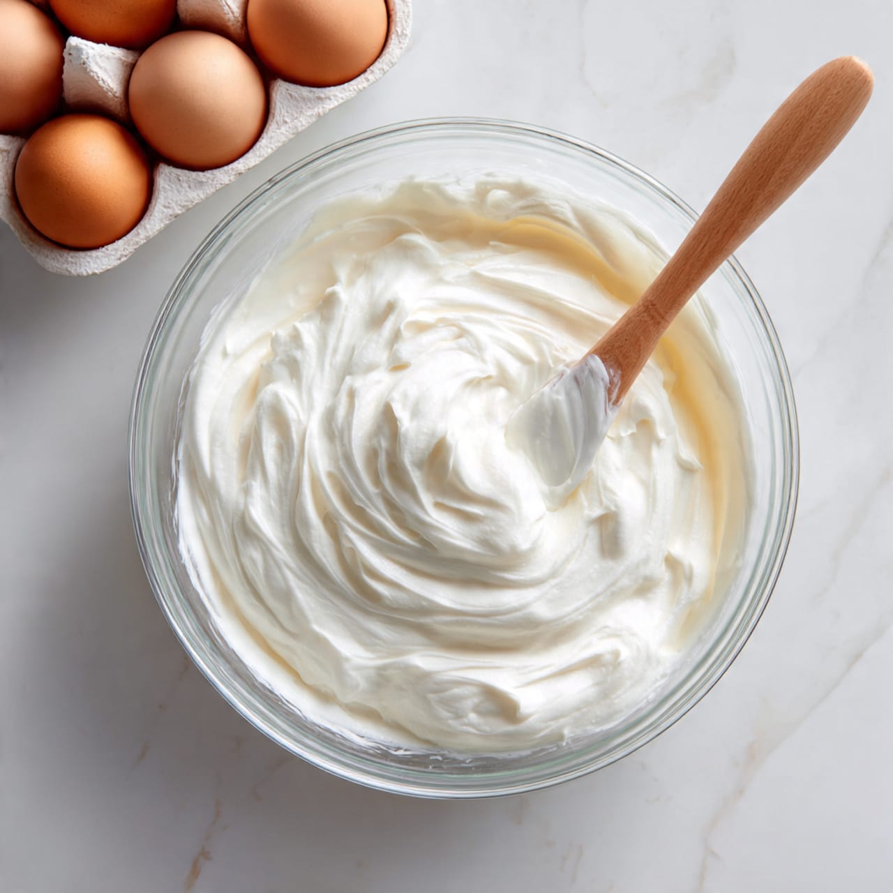 A clear glass mixing bowl filled with a thick, smooth, and fluffy white whipped mixture with soft peaks, and a light brown spatula with a wooden handle partially submerged in it, resting on a white marbled surface. In the top right corner, there is a white egg carton holding several brown eggs, adding warm natural tones to the scene. The overall image shows a clean and bright kitchen environment with a focus on the creamy texture of the whipped mixture. photo taken with an iphone --ar 4:5 --v 7