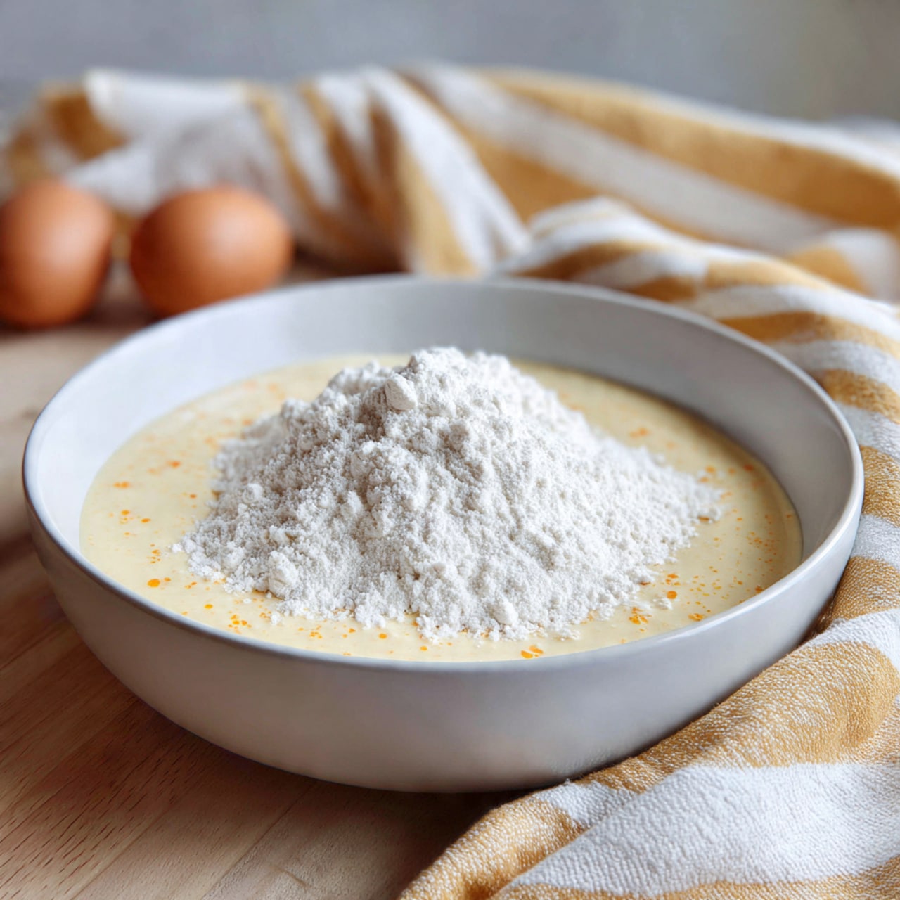 A white bowl holds two layers of baking mix; the bottom layer is a smooth, thick, pale yellow batter with small orange specks, and the top layer is a pile of white flour sitting loosely on the surface. The bowl sits on a light wooden surface, with two brown eggs on the left side. In the background, there is a soft, wrinkled cloth with wide yellow and white stripes, adding a cozy touch. photo taken with an iphone --ar 4:5 --v 7