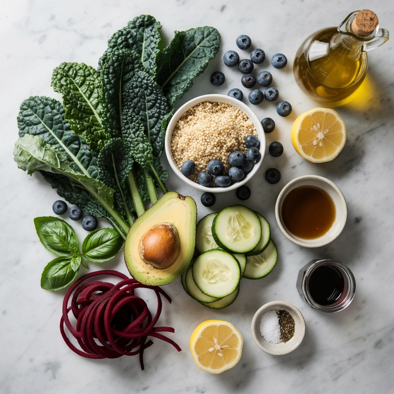 A white bowl on a white marbled surface holds a colorful layered salad. Starting from the top left, there is dark green kale with a textured, curly look, next to bright red beet spiral noodles in a loose bundle. In the top right section, light yellow-green avocado chunks sit beside a pale beige quinoa layer with a grainy texture. The bottom right contains a pile of deep blue, round blueberries, and the bottom left is filled with light green cucumber pieces, chopped into small chunks. A silver spoon is partially visible on the left side inside the bowl. photo taken with an iphone --ar 4:5 --v 7
