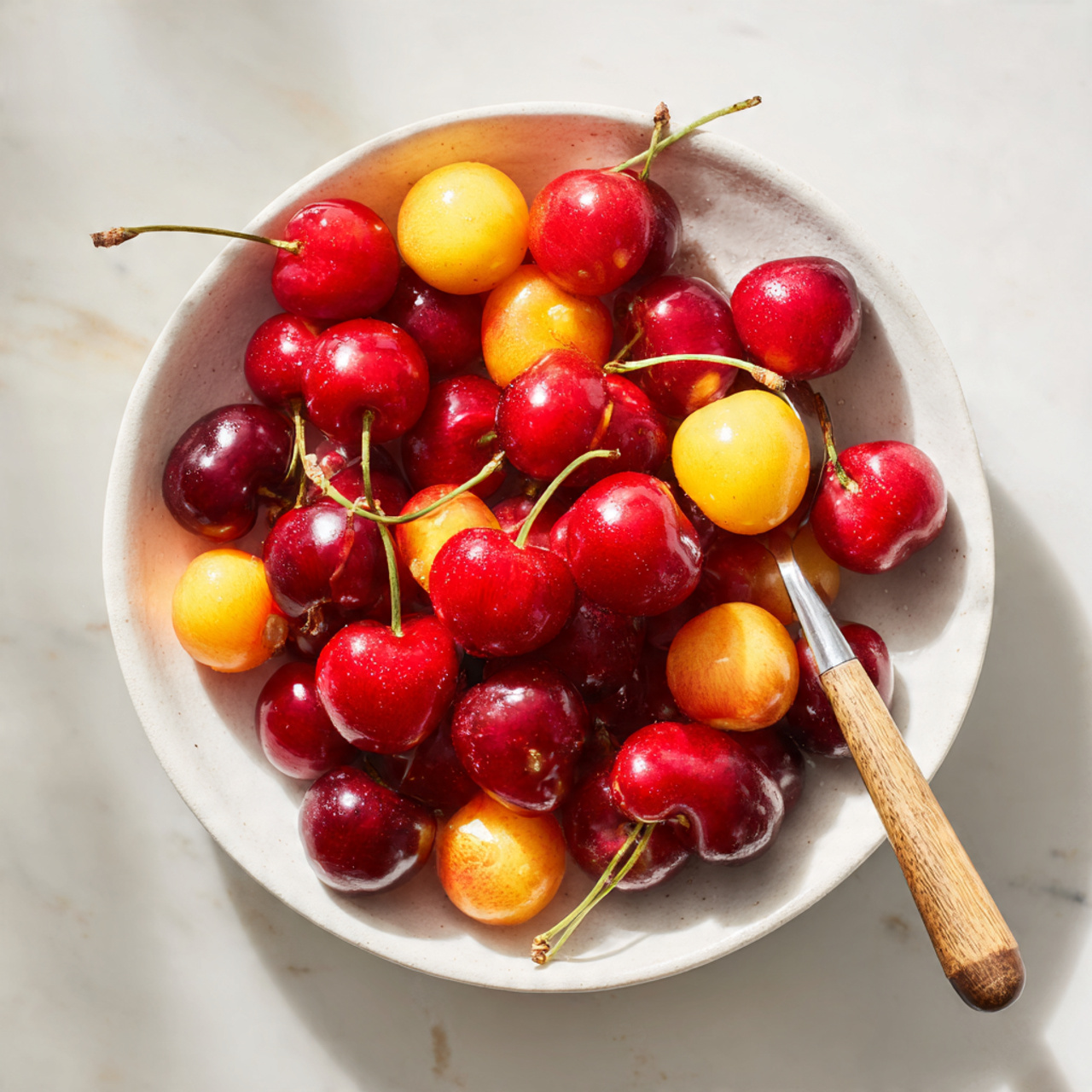 A white bowl filled with bright red and yellow cherries, some cherries showing small pits or slight marks, with a metal spoon that has a wooden handle placed inside the bowl on the right side. The cherries appear glossy and fresh, and the bowl sits on a white marbled surface. Photo taken with an iphone --ar 4:5 --v 7