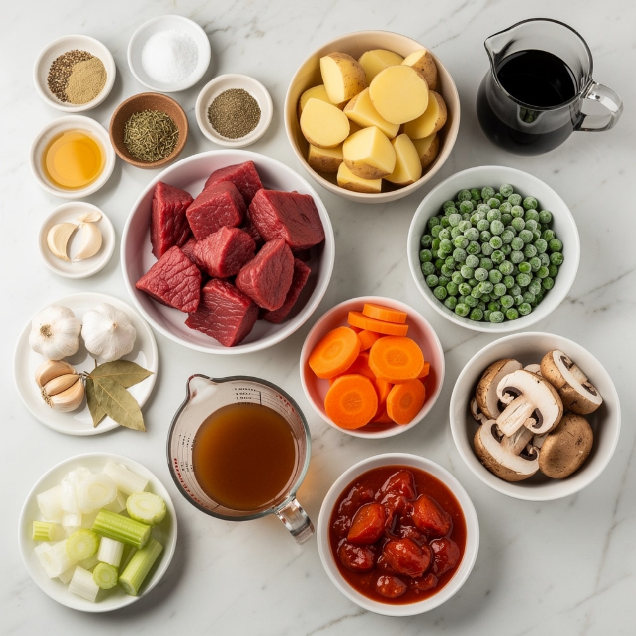 A top-down view shows various ingredients arranged neatly on a white marbled surface. At the center-left, a white bowl holds bright red chunks of raw beef. Above it, a beige bowl is filled with pale yellow potato cubes with skin on the edges. To the right of the potatoes, a white bowl contains frosty green peas. Below the peas, a white bowl is filled with light brown sliced mushrooms. To the left of the mushrooms, a white bowl contains bright orange carrot slices. Below the beef, a glass measuring cup holds a warm brown broth, and to its right, a white bowl holds chunky red tomatoes in sauce. On the far left, a small white plate carries three garlic bulbs and two bay leaves. Above them are small white bowls with salt and pepper, a small brown bowl of dried herbs, a white bowl with white powder, and a tiny white bowl containing clear golden oil. On the top right is a clear glass pitcher filled with dark liquid, possibly soy sauce. In the bottom left is a white bowl filled with chopped onion and celery. All the bowls are placed carefully in a grid-like pattern. Photo taken with an iphone --ar 4:5 --v 7