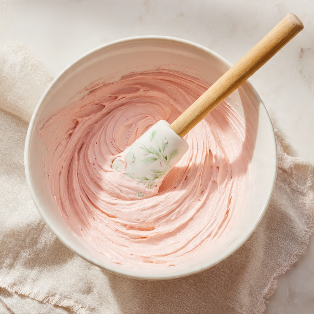 A white bowl filled with smooth, thick pink batter that has a creamy texture, with streaks from mixing visible on the sides of the bowl. A spatula with a wooden handle and a white silicone blade decorated with green leaves rests inside the batter, partly covered in the pink mixture. The bowl is placed on a soft textured cloth on a white marbled surface. photo taken with an iphone --ar 4:5 --v 7