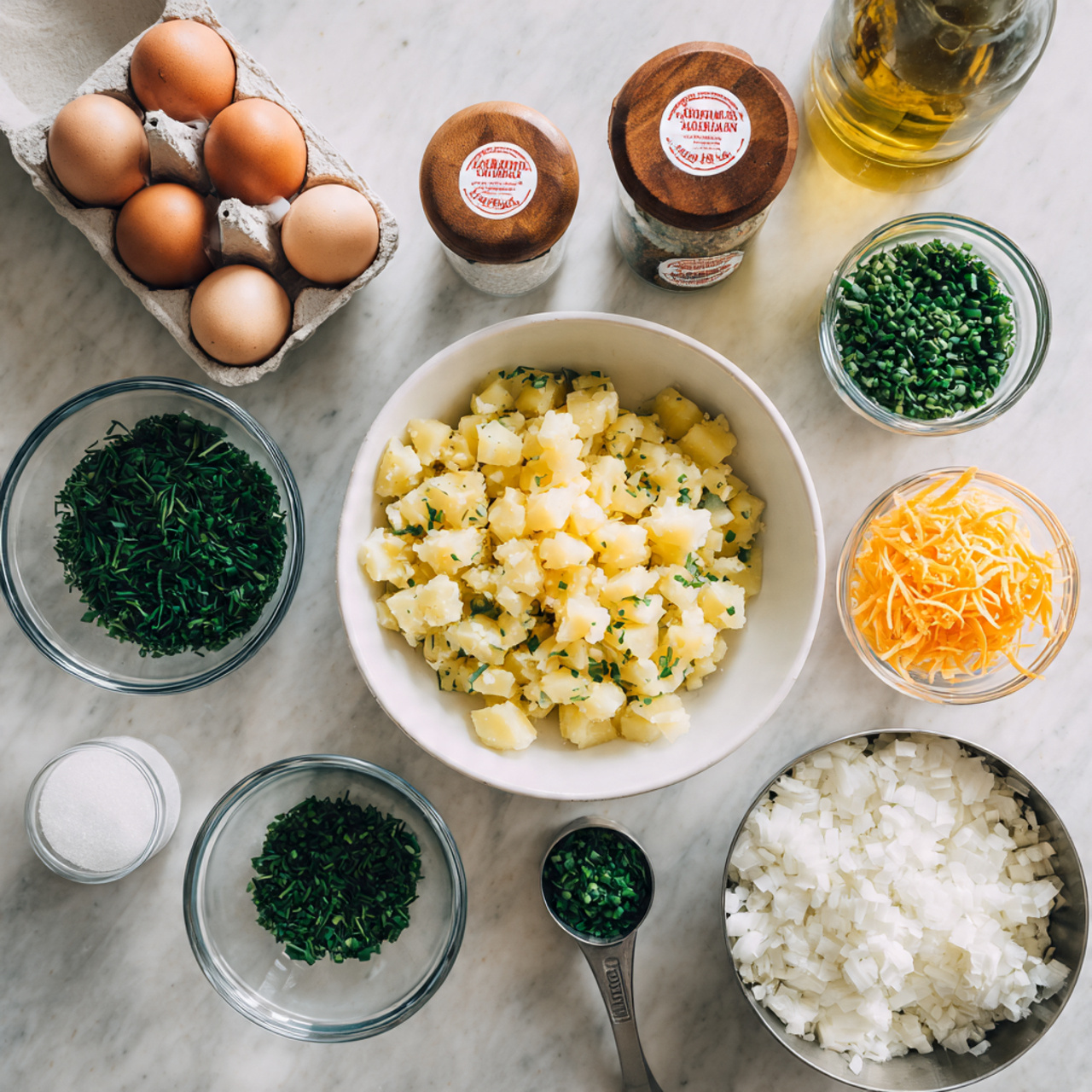 The image shows a white bowl filled with small diced yellow potatoes mixed with chopped white onions, placed on a white marbled surface. Around the bowl there are small transparent glass containers holding finely chopped green herbs, shredded orange cheese, and another green leafy herb. There is a small metal measuring cup filled with chopped chives next to the bowl. Also visible are two small spice jars labeled paprika and granulated garlic, a container of coarse white salt with a wooden lid, a tall clear glass bottle filled with yellow olive oil, and a carton of free-range eggs with a red and white label. A metal measuring cup with white cottage cheese is also on the surface. photo taken with an iphone --ar 4:5 --v 7