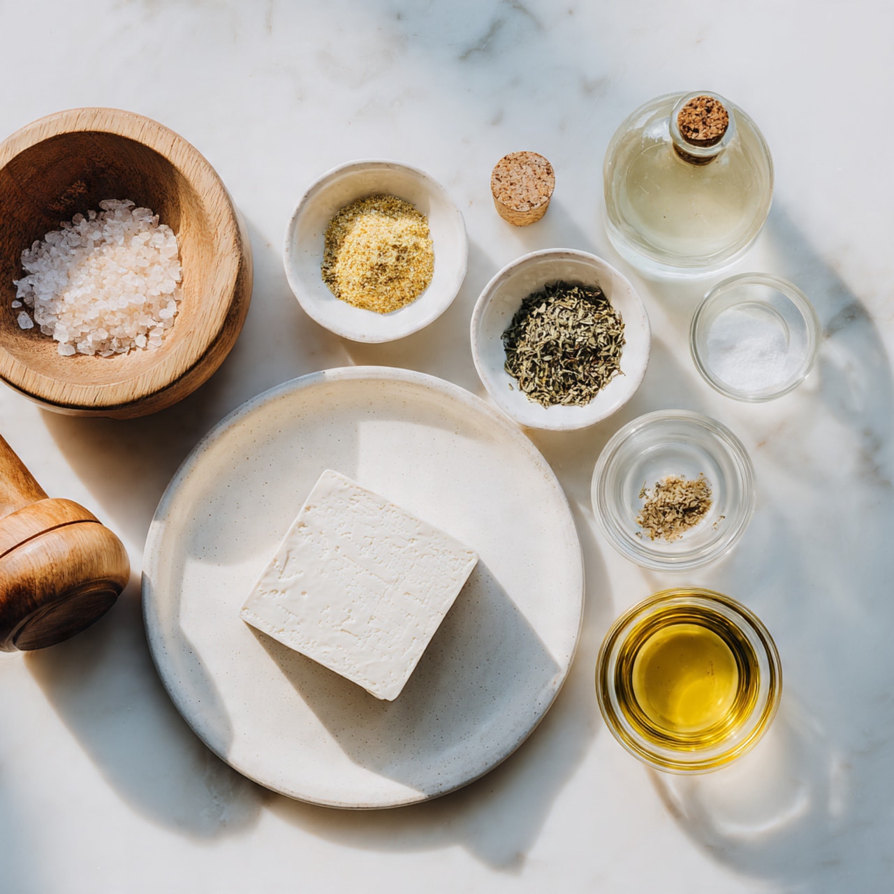 A white round plate holds a block of smooth, pale white tofu at the center. Surrounding the plate are three small white bowls with spices: a coarse yellow powder, green dried herbs, and a light yellow powder. To the right of the plate are two clear glass containers, one small with a yellow liquid and one larger with a white liquid inside. On the left side, there is a round wooden container with its lid slightly open revealing salt inside, and a wooden pepper grinder placed nearby. All items rest on a white marbled texture surface. photo taken with an iphone --ar 4:5 --v 7
