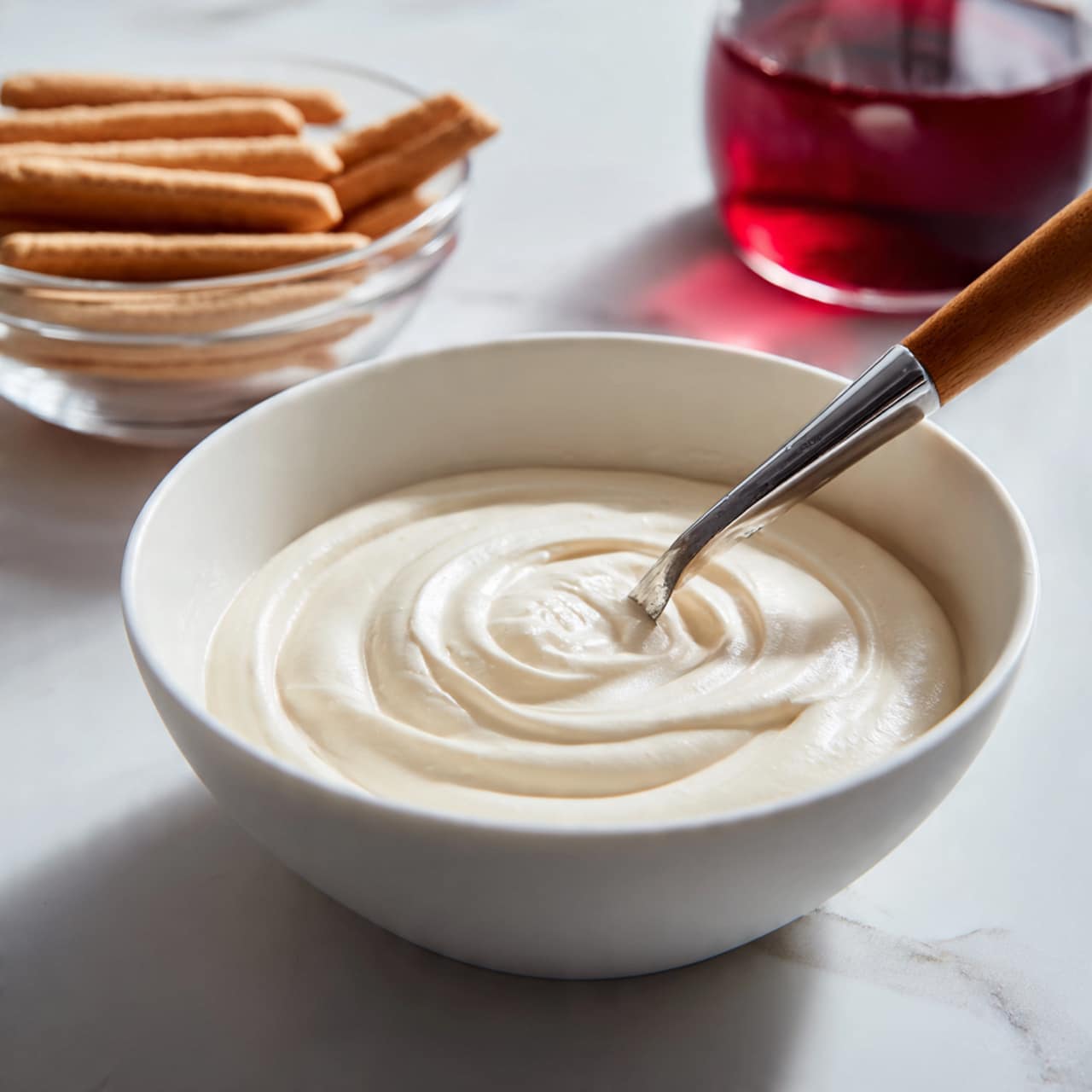 The image shows a close-up of a white bowl filled with a thick, smooth, pale cream mixture being stirred by a metal spoon with a wooden handle. Behind the bowl, there is a clear measuring jug with a dark red liquid inside and some light brown ladyfinger biscuits in a clear round bowl. The surface under the bowls and cup is white with a subtle marble texture. photo taken with an iphone --ar 4:5 --v 7