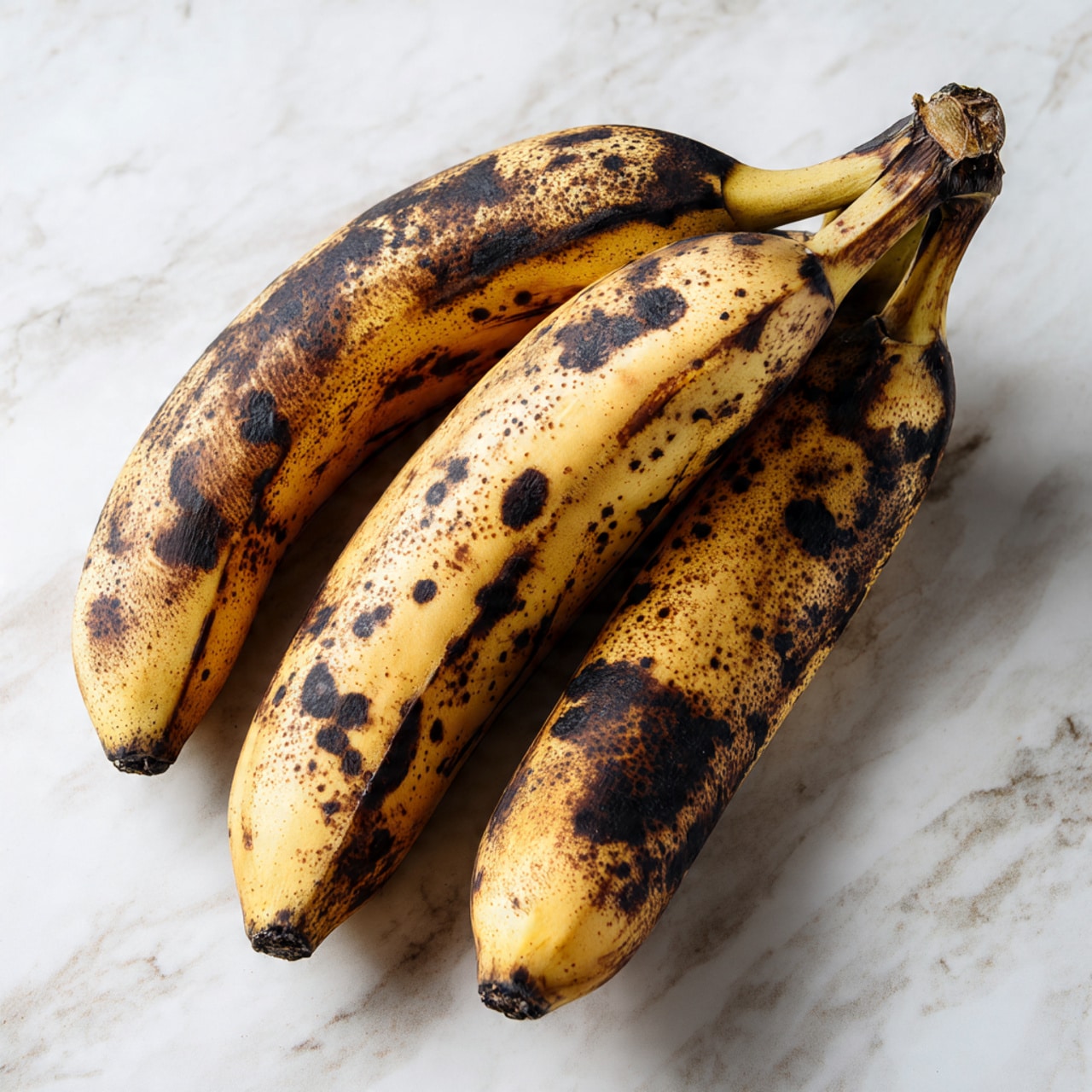Three overripe bananas with black and yellow spotted skins lie together with their stems connected, resting on a white marbled surface. The bananas show different patterns of browning, with the black color taking up most of the surface, making the yellow parts look uneven and patchy. The texture appears soft and aged, with small dark spots scattered over the peel. Photo taken with an iphone --ar 4:5 --v 7