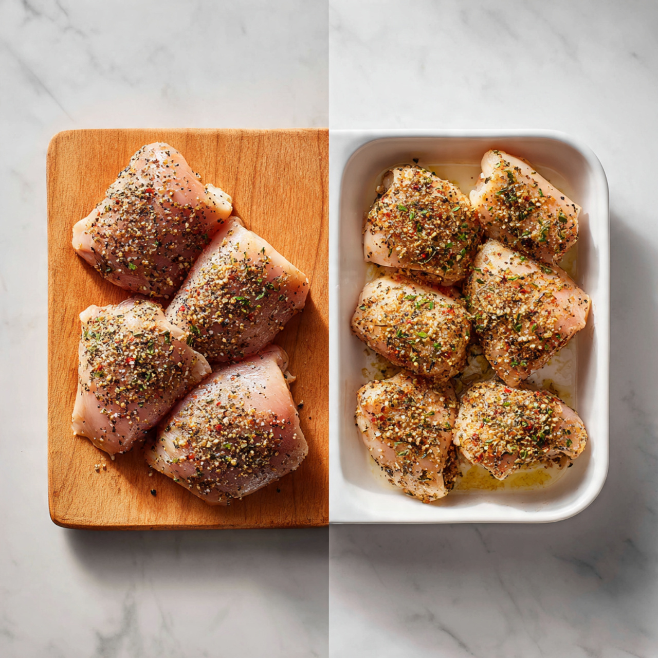 The image shows two sets of raw chicken pieces seasoned with various spices. On the left, there are four pieces placed evenly on a wooden board, each piece light pink with a mix of black, green, and red spices sprinkled over them, creating a speckled look. On the right, there are four similar chicken pieces arranged side by side in a white rectangular tray, also covered with the same spice mix. The background has a white marbled texture, adding a clean and fresh feel to the scene. The photo taken with an iphone --ar 4:5 --v 7