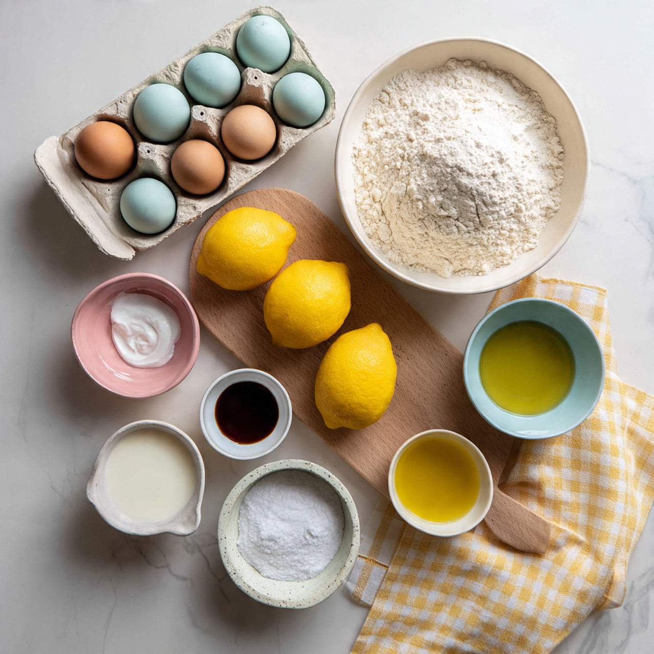 The image shows several baking ingredients arranged neatly on a white marbled surface. At the top left, there is a carton holding a dozen assorted eggs in soft brown and blue-green shades. To the right of the eggs, a large white bowl contains white flour, positioned on a round light wooden cutting board. Just below the bowl, there are three bright yellow lemons placed in a line. To the left side of the lemons, there is a small pink and white bowl filled with milk next to a smaller light blue bowl holding dark vanilla extract. On the bottom right corner of the cutting board, a clear glass bowl holds golden liquid, likely oil, while a small white bowl with salt is placed nearby. A white speckled mixing bowl with sugar is at the bottom center, and a yellow and white checkered cloth peeks from the right edge. photo taken with an iphone --ar 4:5 --v 7