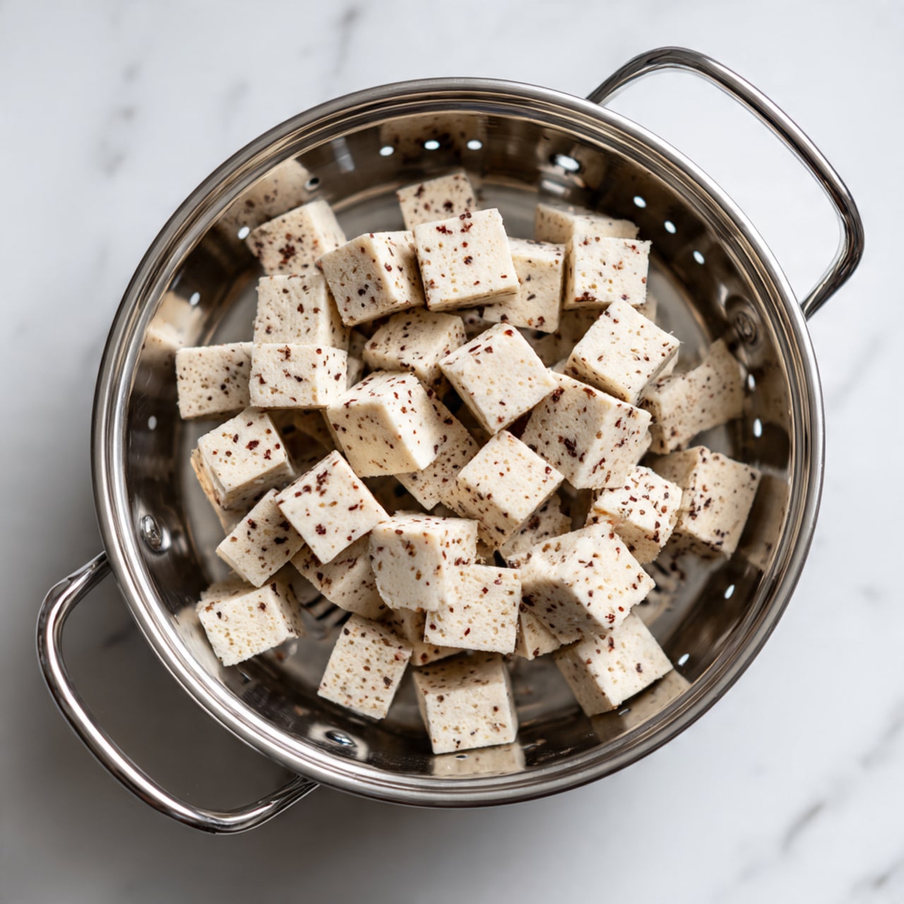 The image shows a silver metal steamer basket filled with small beige cubes with tiny brown specks, evenly spread out. The basket has two handles on opposite sides and is placed on a white marbled surface. The cubes have a smooth texture and look firm, sitting flat inside the round metal basket with small holes around the side. photo taken with an iphone --ar 4:5 --v 7