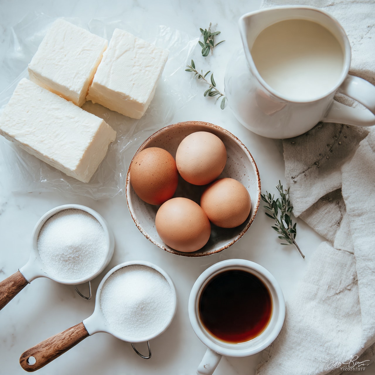 The image shows baking ingredients on a white marbled surface. There are five wrapped blocks of white cream cheese stacked in the upper left corner. A round white bowl with a brown rim holds four brown eggs in the center. To the right of the eggs, there is a tall white ceramic pitcher filled with a light cream liquid. Below the bowl, two measuring cups with wooden handles hold white granulated sugar. Next to these, a small white cup contains a dark brown liquid, likely vanilla extract. A white cloth with small leaf patterns is partly visible in the bottom right corner. Photo taken with an iphone --ar 4:5 --v 7