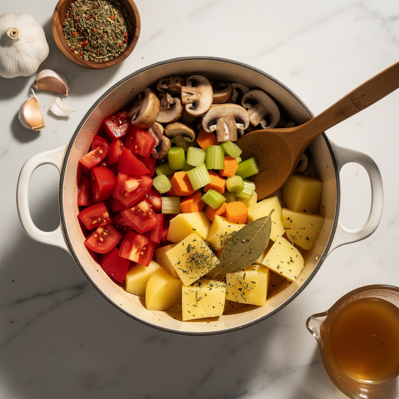 A white pot filled with four main layers: bright red chunky tomatoes on the left, light yellow cubed potatoes sprinkled with dried green herbs and a bay leaf on the bottom right, a mix of light green celery and orange carrot pieces scattered in the middle, and light brown sliced mushrooms on top near a wooden spoon resting inside the pot. Outside the pot, a clear glass cup is pouring light brown broth at the bottom right corner, a bulb of garlic with peeled cloves and a small wooden bowl of mixed dried herbs sit in the top left corner on a white marbled surface. photo taken with an iphone --ar 4:5 --v 7