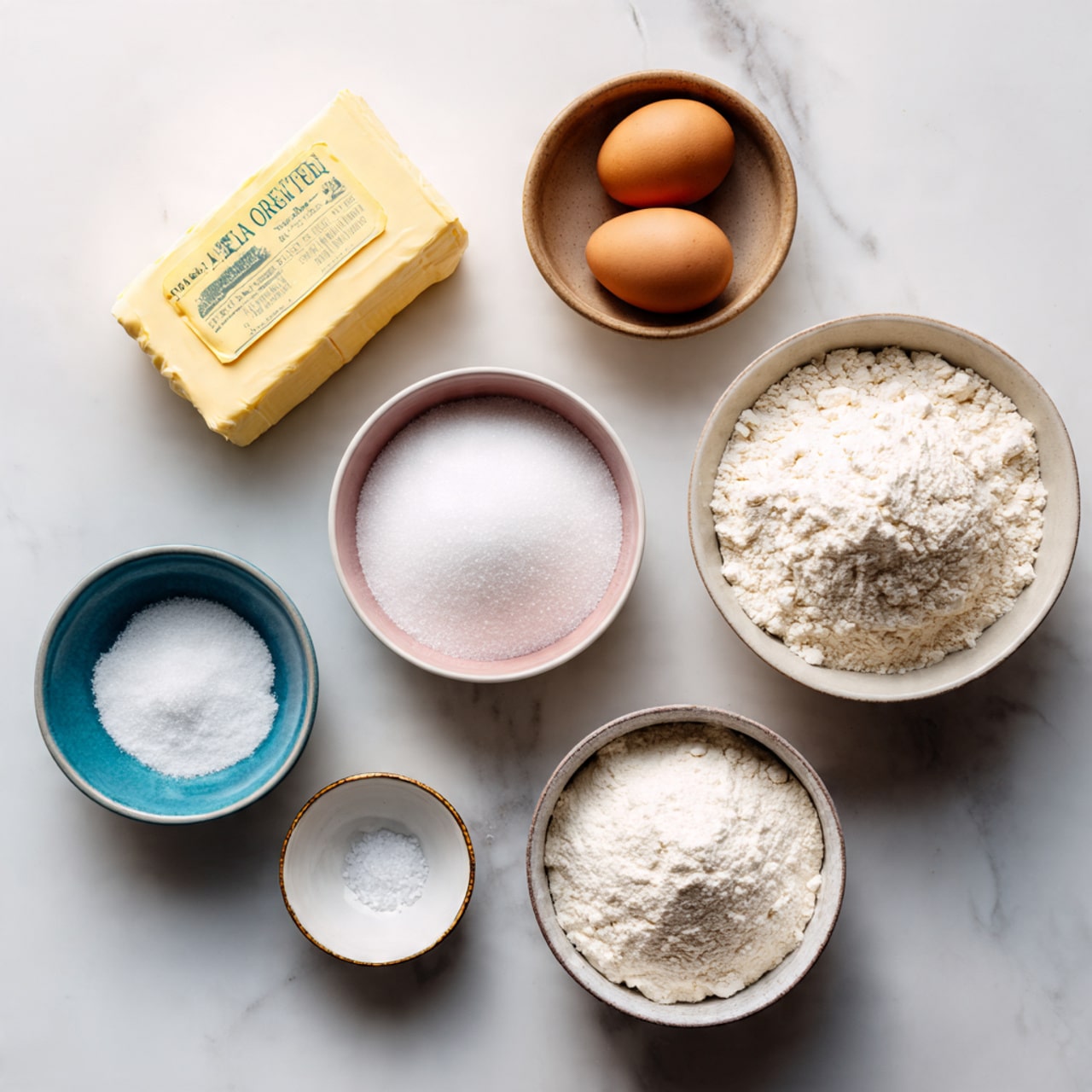 The image shows six containers with baking ingredients laid out on a white marbled surface. At the top left is a yellow package of organic unsalted butter. Next to it, at the top right, is a tan bowl with a dark rim holding two brown eggs. Below the butter, there is a round white bowl with a pink inside filled with granulated white sugar. To the right of the sugar, there is a white bowl containing white flour. Below the flour bowl, there is a smaller tan bowl with a dark rim holding a white powder, likely cornstarch or powdered sugar. At the bottom left, there are two tiny bowls; one is blue filled with a white powder, and the other is white with a gold rim containing a small amount of salt. The setting is neat and organized, with all bowls showing their contents clearly, photo taken with an iphone --ar 4:5 --v 7