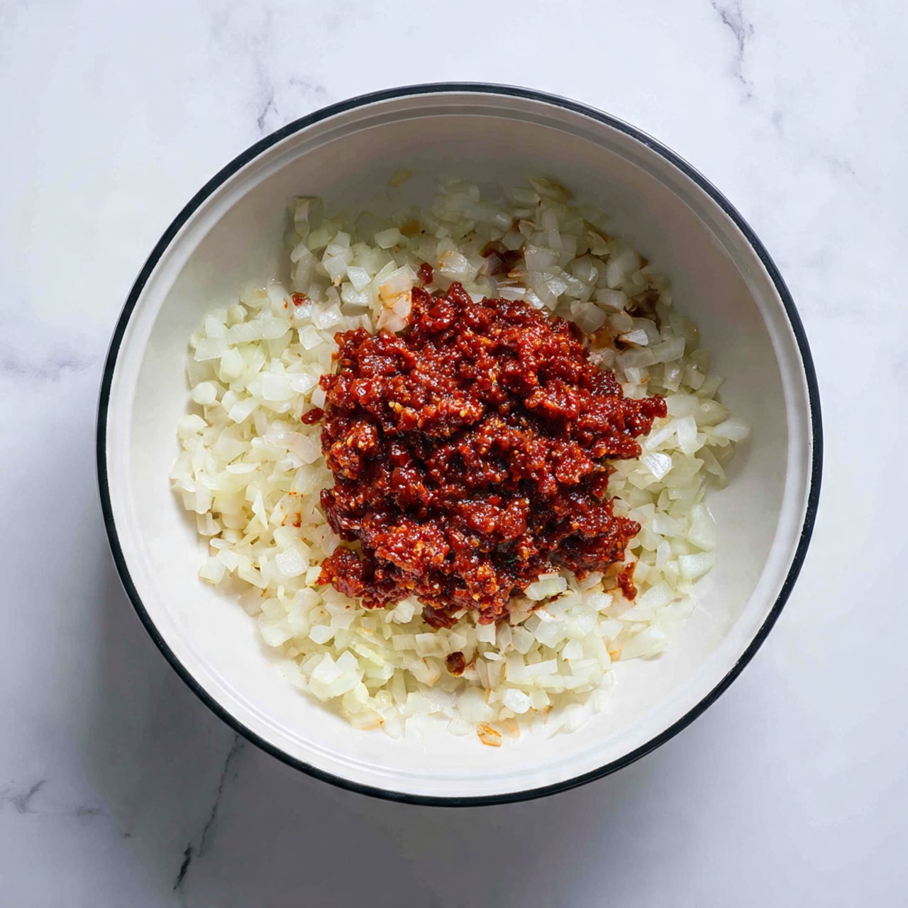 A white pan on a white marbled surface holds two main layers of ingredients. The bottom layer is finely chopped onions that look soft and light golden in color, spread evenly across the pan's base. On top of the onions is a thick, chunky red paste, with a rich and slightly glossy texture, piled mostly in the center, showing some bits of the onions around the edges. The pan edges have a slight off-white color with a black rim. Photo taken with an iphone --ar 4:5 --v 7