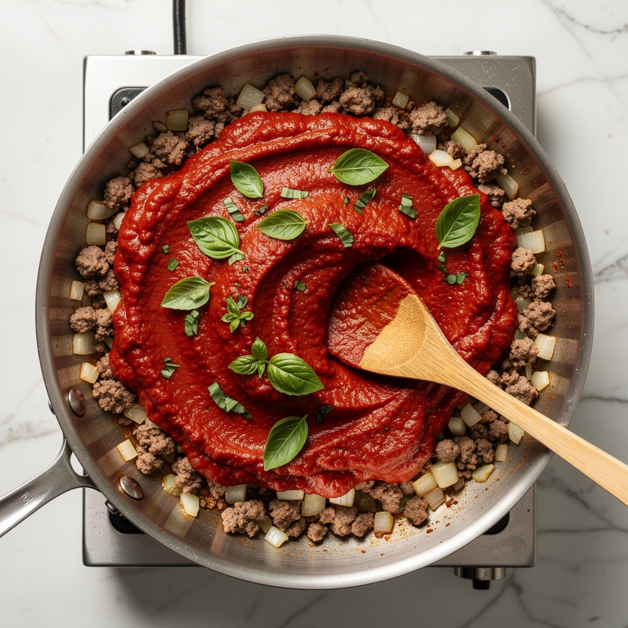 A silver pan on a stove shows a mix of cooked ground meat and diced onions as the bottom layer, brown and slightly soft. On top of this is a thick layer of bright red tomato sauce that covers most of the surface. Fresh green chopped basil leaves sit scattered on the sauce, adding a pop of color. A wooden spoon rests in the pan, with some tomato sauce on its flat side. The stove and pan are seen against a white marbled surface. photo taken with an iphone --ar 4:5 --v 7
