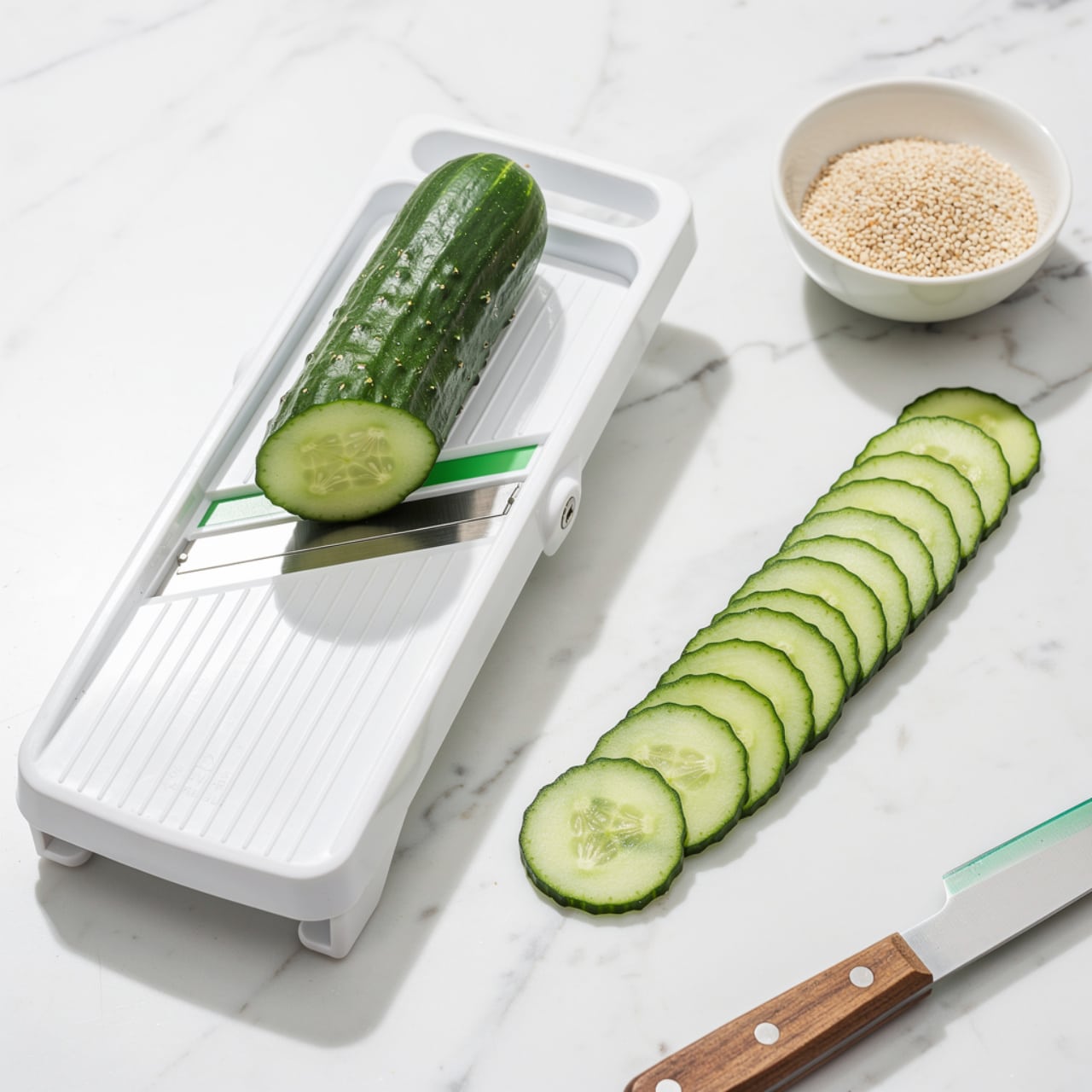 The image shows a white mandoline slicer on a white marbled surface with a half cucumber placed in the safety holder on top of the slicing blade. Several thin, even slices of cucumber, light green with dark green edges, are placed in a pile extending from the slicer to the right side. Nearby, there is a small white bowl filled with light-colored sesame seeds. A knife with a wooden handle and a green blade edge is partially visible at the bottom right corner. The scene is bright and clean, focused on the fresh cucumber slices. photo taken with an iphone --ar 4:5 --v 7