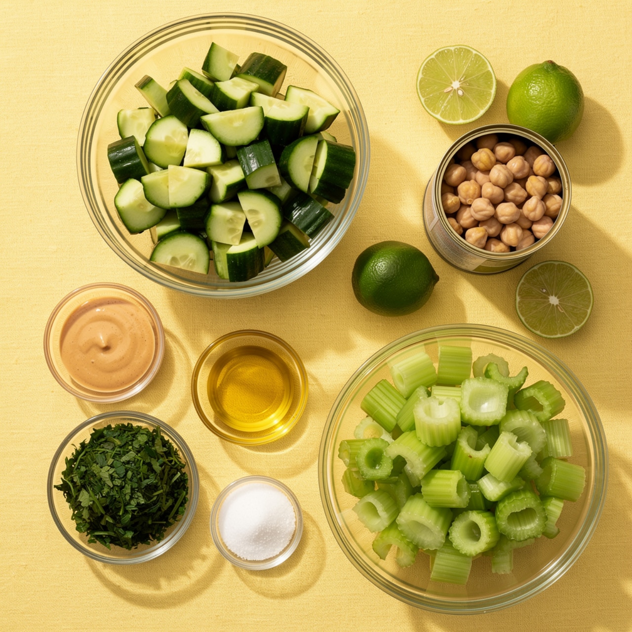 The image shows a yellow fabric surface with several clear glass bowls and a can arranged neatly. One large bowl at the top contains chopped cucumber pieces with dark green skin and pale green flesh. Another large bowl at the bottom right holds chopped celery with a lighter green color and crisp texture. A medium bowl at the bottom left has finely chopped dark green herbs. Near the center, there is a small bowl filled with a creamy, light brown sauce, alongside another small bowl holding white granular salt. A small bowl of golden olive oil is also present. Two lime halves and one whole lime, all bright green, are placed near an open can filled with pale beige chickpeas. The setting has a clean and organized appearance with a bright, fresh feel. photo taken with an iphone --ar 4:5 --v 7