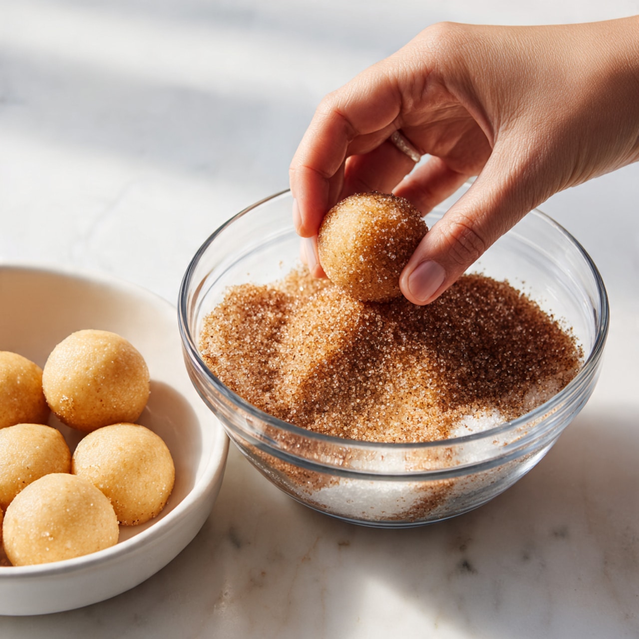 A close-up image shows a woman's hand holding a light brown dough ball and dipping it into a clear glass bowl filled with a mix of brown and white granular powder, likely cinnamon sugar. Below the glass bowl, there is a white bowl with several small, smooth, round pieces of dough. The surface underneath is a white marbled texture, creating a clean and bright background. The photo taken with an iphone --ar 4:5 --v 7