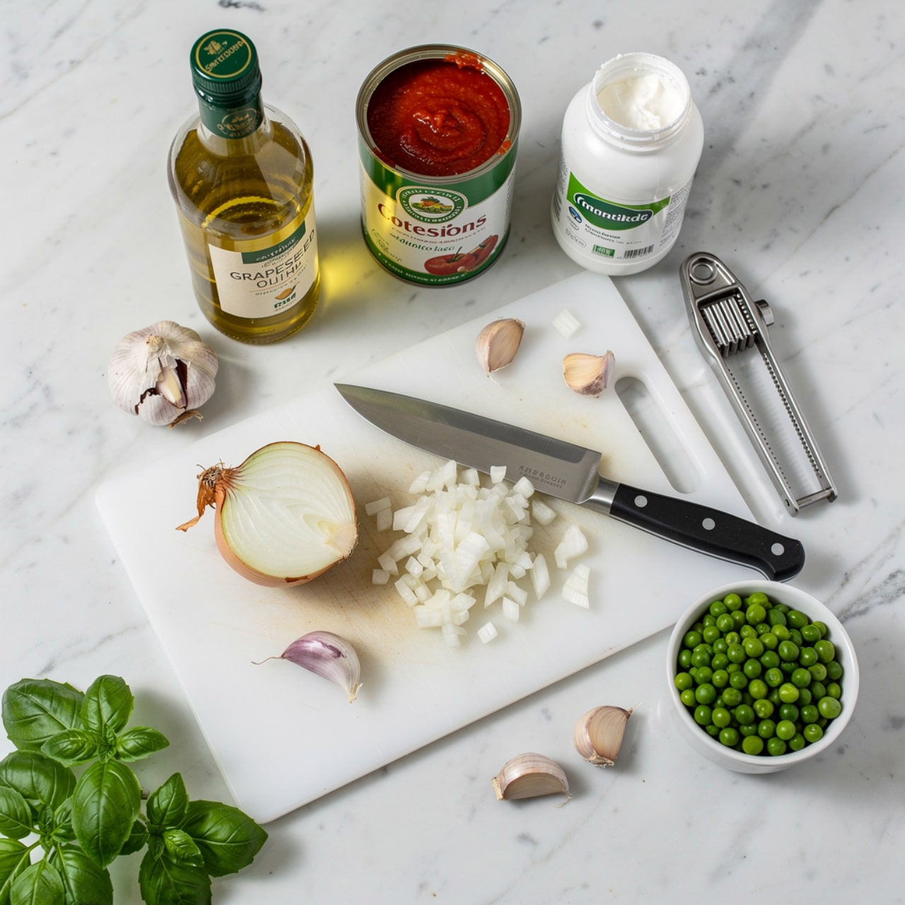 A white cutting board on a white marbled surface holds a half onion and chopped white onion pieces near a large kitchen knife with a black handle. Around the board, there are peeled onion skins, three garlic cloves, and green peas in a white bowl. Above the board, a large open can of red tomato sauce, a green bottle of grapeseed oil, and an open white bottle of milk cream are placed. A metal garlic press is set near the garlic cloves, with some fresh basil leaves toward the bottom left corner. photo taken with an iphone --ar 4:5 --v 7
