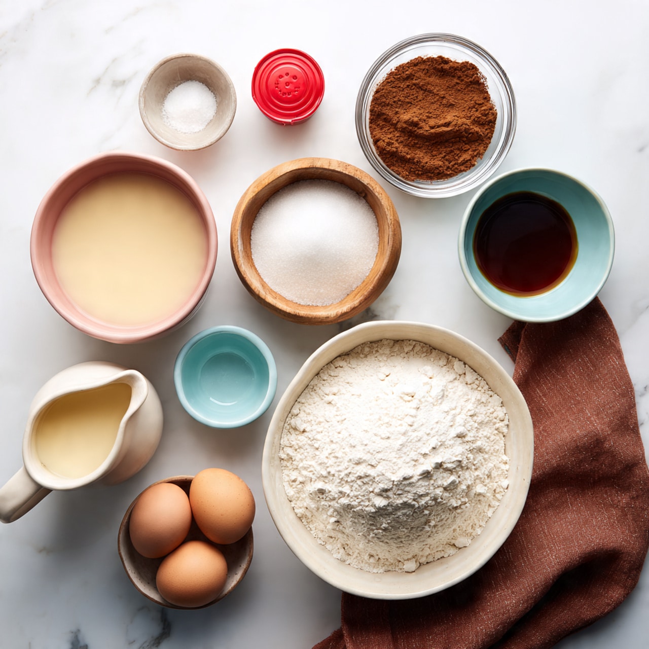 The image shows various baking ingredients placed on a white marbled surface. There are nine containers in total: a large white bowl at the front filled with white flour, a small wooden bowl with white baking powder, a small clear glass bowl with brown sugar to the right, and another clear glass bowl above it with cocoa powder. A pink bowl holds melted butter with a small amount of cream, while a beige bowl holds two raw eggs. A small cream-colored pitcher contains a light beige liquid, and two small bowls, one light blue empty and one dark blue filled with vanilla extract, are positioned near the top. A red bottle cap is beside the ingredients, and a brown cloth is partly visible on the right edge. The setup is neat and organized, photo taken with an iphone --ar 4:5 --v 7