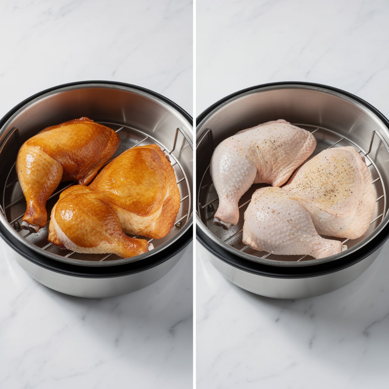 The image shows two side-by-side photos of a round metal pot with three pieces of cooked chicken inside, sitting on a white marbled surface. On the left, the chicken pieces are golden brown with a shiny texture, placed on a metal rack inside the pot. On the right, the chicken pieces are lighter in color, almost white, with black pepper sprinkled on top, also on a metal rack inside the pot. The pot has a reflective metal rim and a black outer edge. The lighting highlights the smooth texture of the chicken and the shiny surface of the pot. photo taken with an iphone --ar 4:5 --v 7