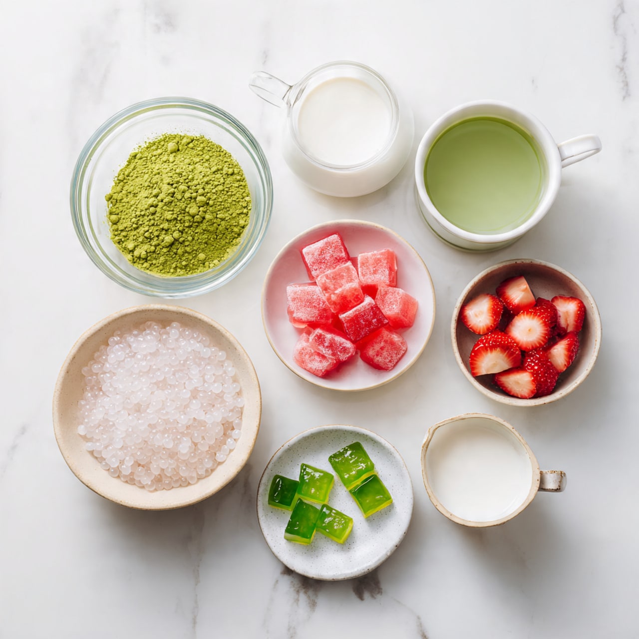 The image shows a clear glass measuring cup filled about halfway with a smooth light green liquid. Around the measuring cup on a white marbled surface, there are two fresh red strawberries with green leaves on a small white plate to the left and a clear glass bowl of small, diced red pieces, likely strawberries, in the background to the right. There is another clear glass measuring cup with a pale cream liquid partially visible on the right side, while a small glass bowl filled with a pale yellow cream is slightly blurred in the background on the left. The overall arrangement is simple and clean, with soft natural lighting. photo taken with an iphone --ar 4:5 --v 7