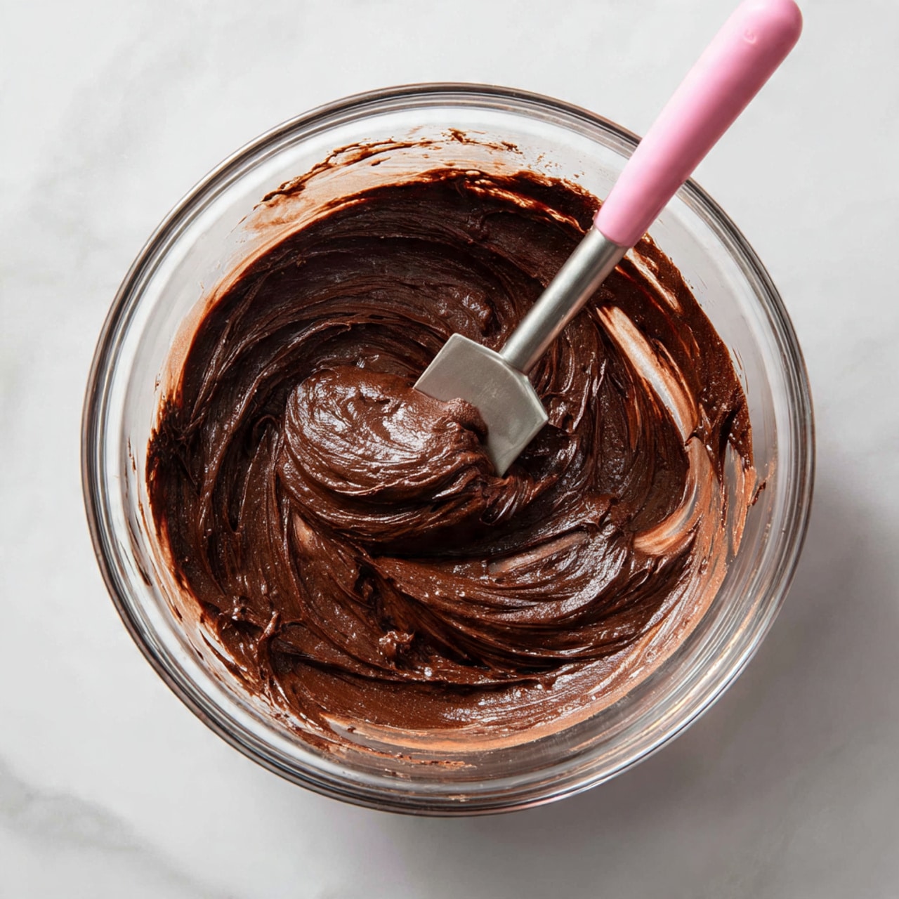 A clear glass bowl filled with a smooth, dark brown chocolate mixture that looks thick and creamy, with lighter swirls on the surface showing it is being stirred. There is a pink spatula with a metal handle partly inside the bowl, mixing the chocolate. The bowl sits on a white marbled surface, highlighting the rich color of the chocolate mix. Photo taken with an iphone --ar 4:5 --v 7