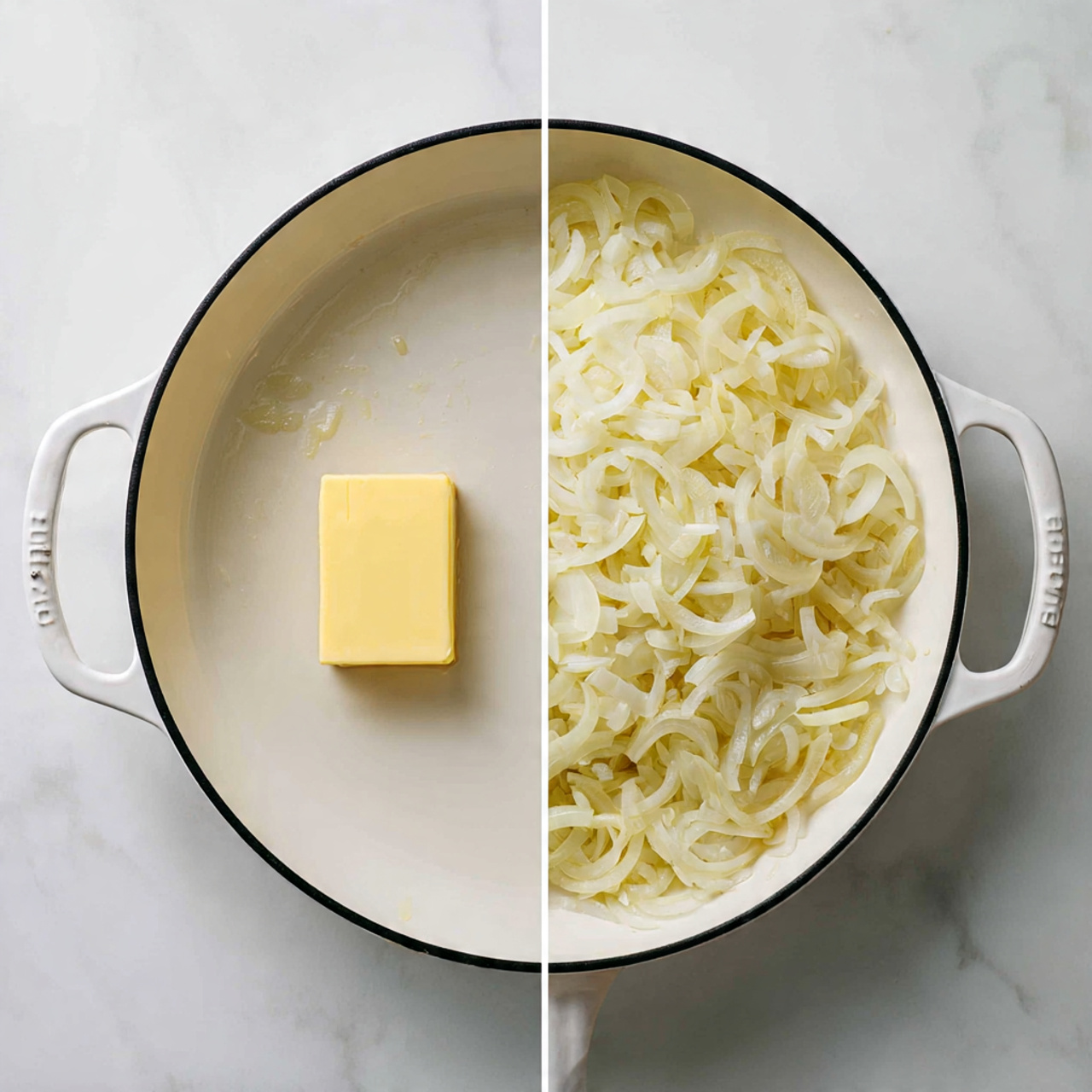 The image shows two side-by-side views of a white skillet with a black rim on a white marbled surface. On the left side, there is a small square piece of yellow butter placed in the center of the skillet. On the right side, the skillet is filled with a thick layer of thinly sliced white onions that cover the entire surface of the pan evenly with a soft and slightly curled texture. Photo taken with an iphone --ar 4:5 --v 7