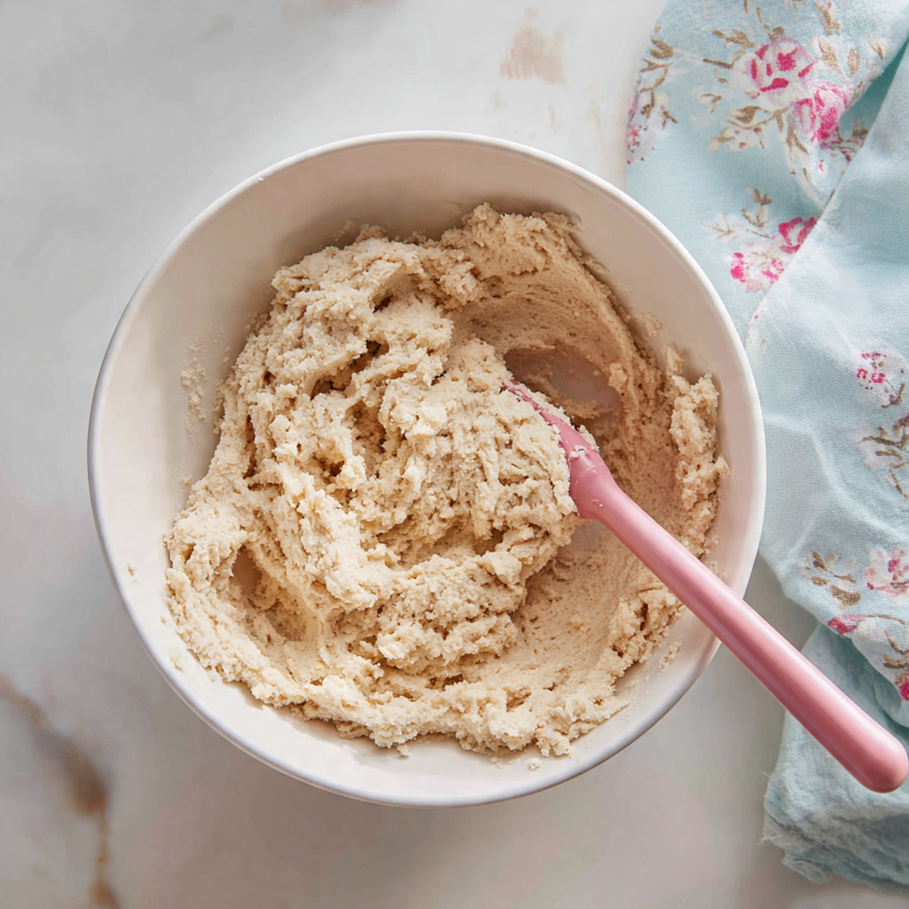 A white mixing bowl filled with thick, light beige dough that has a slightly crumbly texture and is gathered mostly in the center. A pink spatula is partially stuck into the dough, with its handle sticking upright. The bowl rests on a white marbled surface, and a soft, blue cloth with a pink flower pattern is partially visible in the top right corner. The photo taken with an iphone --ar 4:5 --v 7