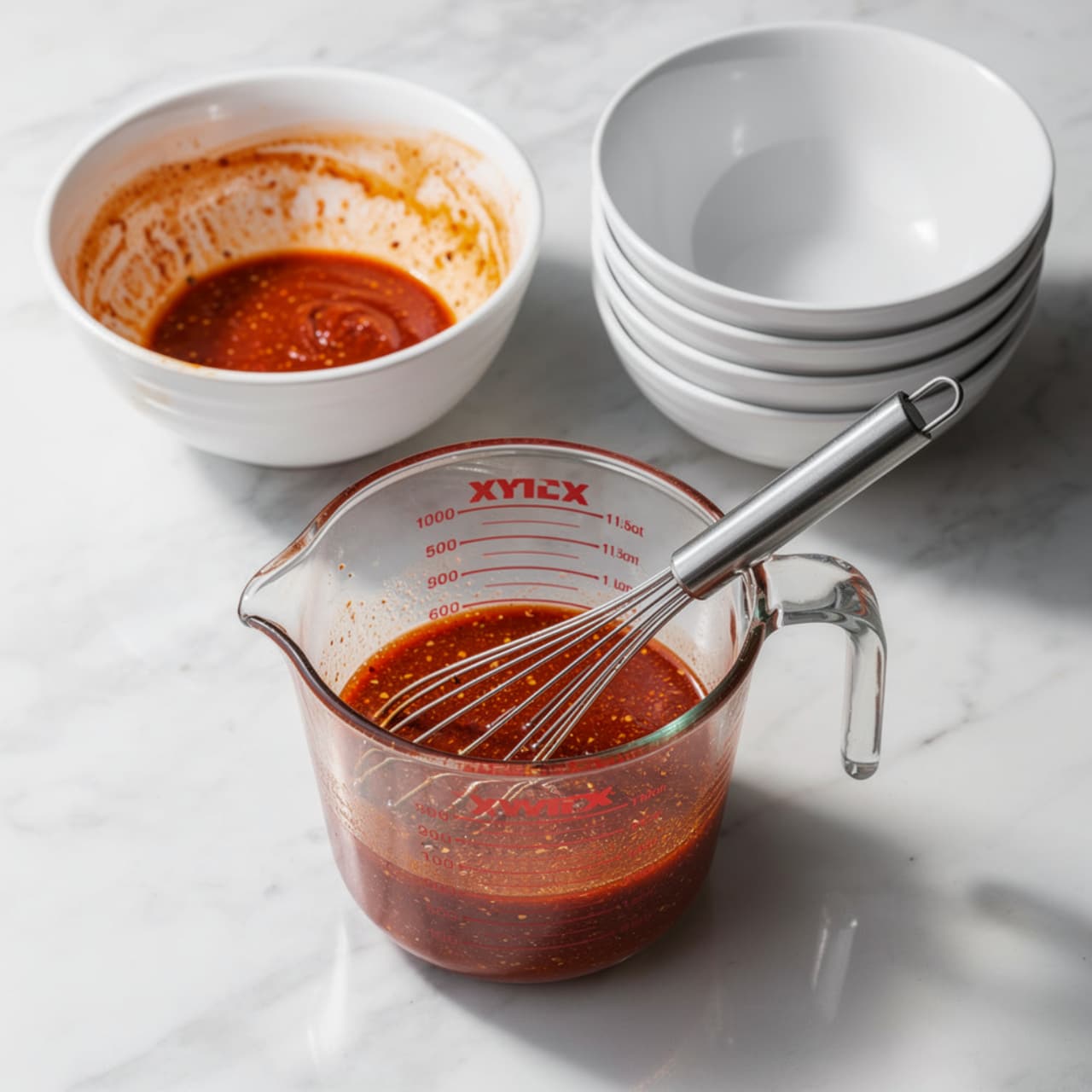 A clear glass measuring cup with red measurement markings is filled about one quarter with a thick red sauce mixed with visible spices, a silver whisk resting inside. Above it, there are two stacks of white bowls; the left stack has a single white bowl with orange sauce residue around the edges and inside, while the right stack has six clean white bowls stacked neatly. All items are placed on a white marbled surface. photo taken with an iphone --ar 4:5 --v 7
