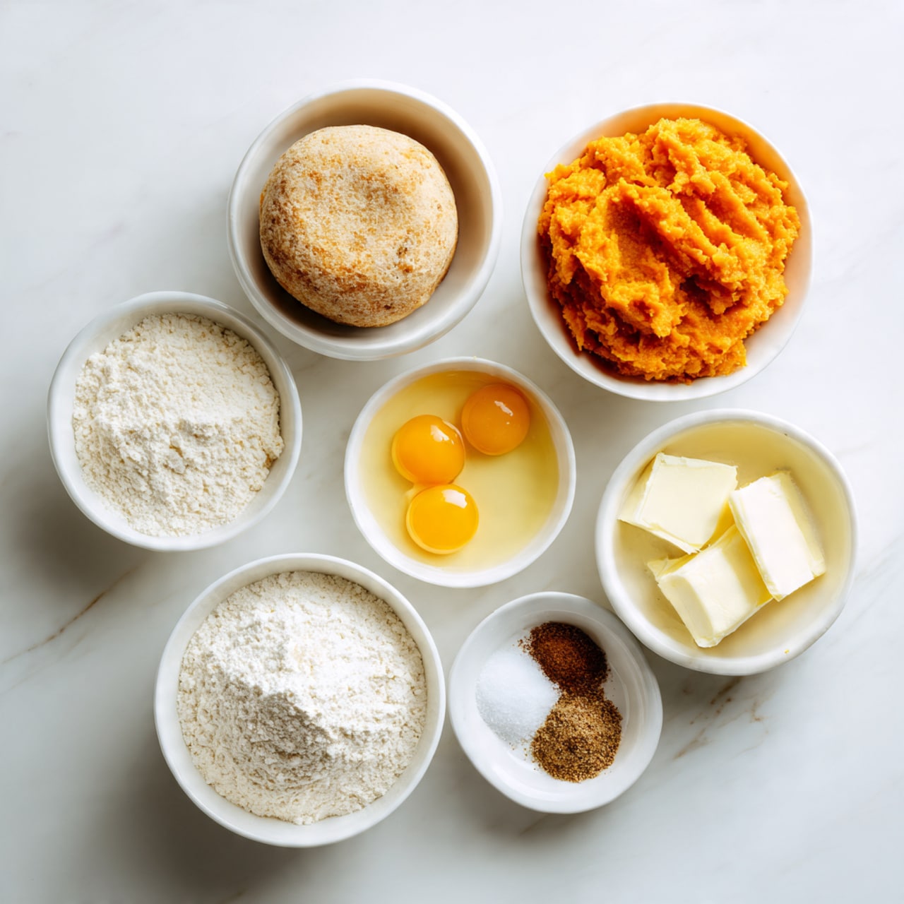 The image shows seven small white bowls arranged on a white marbled surface. The largest bowl in the lower right is filled with white flour with a soft, powdery texture. Above it, a smaller white bowl contains bright orange mashed sweet potato with a smooth, dense texture and some soft ridges on top. To the left of the flour, a white bowl holds a light brown, round, solid yeast cake with a slightly grainy surface. Near the yeast, another white bowl contains two raw eggs with shiny yellow yolks and clear egg whites. Next to the eggs, a bowl has melted butter looking pale yellow and smooth. Above the eggs and butter, a tiny bowl contains three brownish powders, likely spices, each powder finely ground and distinct. Finally, a small white bowl holds white granulated sugar, smooth and crystalline. photo taken with an iphone --ar 4:5 --v 7