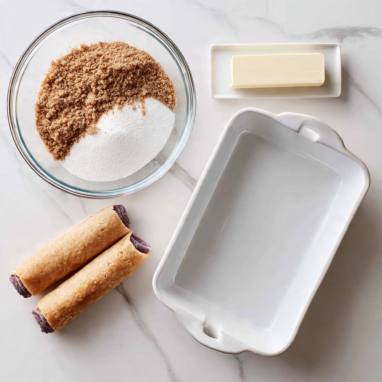 The image shows one clear glass bowl filled with a mix of white sugar and brown cinnamon on the left side. Two purple rolls of flaky biscuits are placed diagonally near the bottom center, with a white stick of butter lying horizontally below them. On the right side, there is an empty white rectangular baking dish with scalloped edges. All items are placed on a white marbled surface. photo taken with an iphone --ar 4:5 --v 7