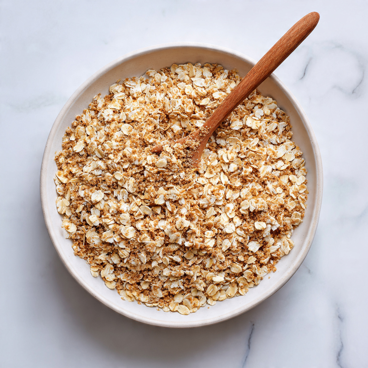 In a large white bowl on a white marbled surface, there is a single layer of crumbly oat mixture with a rough texture, made up of light and dark golden brown oat flakes and small clumps of brown sugar or spice. A narrow wooden spoon lies across the mixture, partly buried in the oats, showing the coarse texture clearly. The oats have a mix of matte and slightly shiny spots, giving a fresh, dry look. photo taken with an iphone --ar 4:5 --v 7